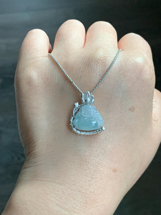 Certified Natural Burmese Icy Translucent Gelatinous White Sky Blue Marbled Jadeite Buddha Pendant Sterling Silver 天然缅甸老种冰胶天空蓝翡翠佛公镶嵌吊坠 8614