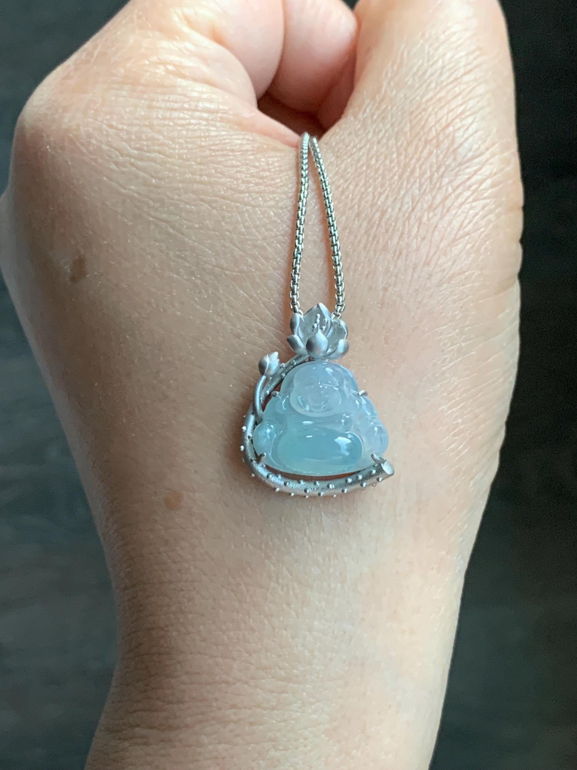 Certified Natural Burmese Icy Translucent Gelatinous White Sky Blue Marbled Jadeite Buddha Pendant Sterling Silver 天然缅甸老种冰胶天空蓝翡翠佛公镶嵌吊坠 8614