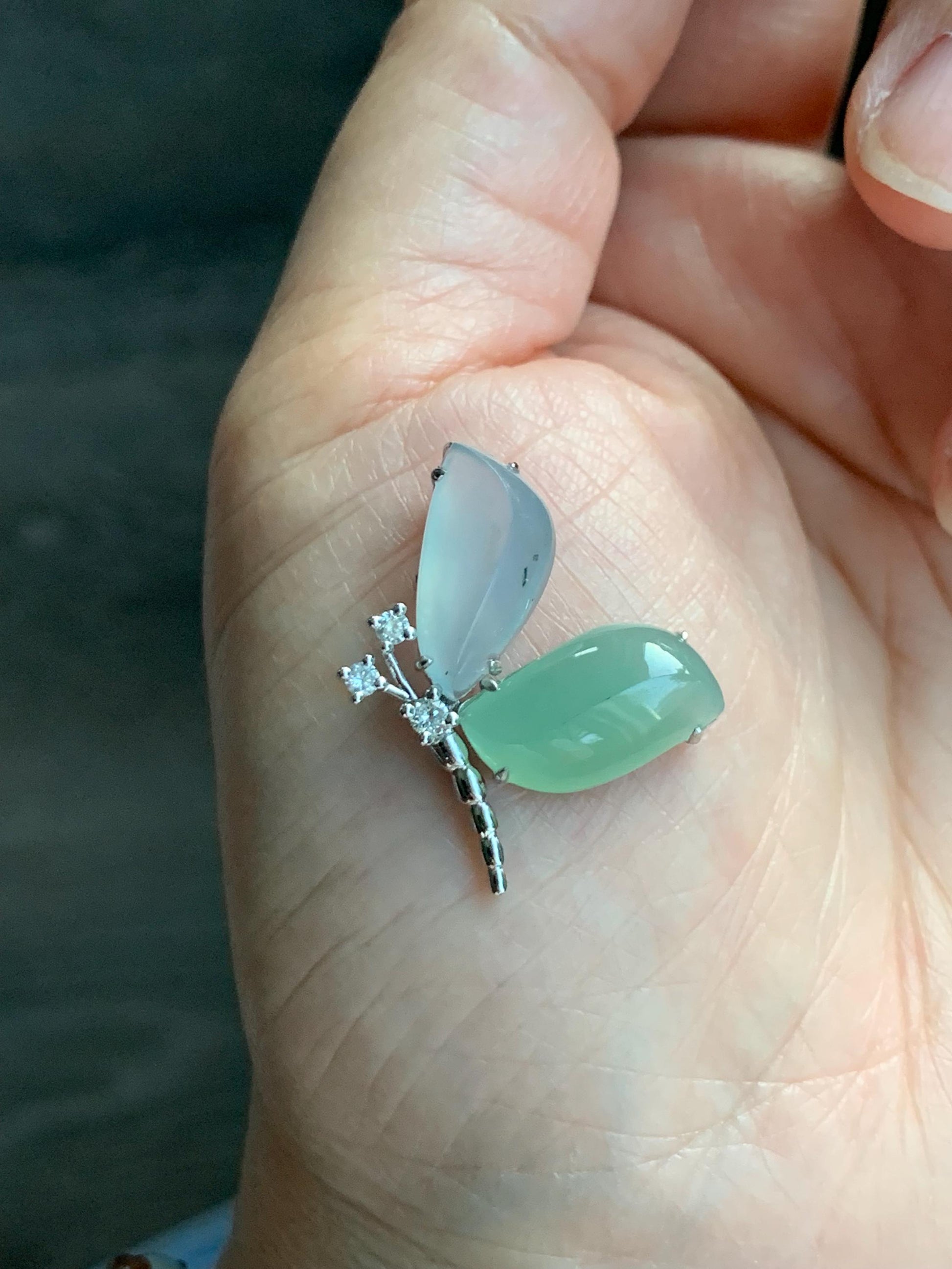 Certified Natural Burmese Icy Translucent White Jadeite Butterfly Pendant 18K White Gold & Natural Diamonds 0.11ct 天然缅甸白冰加晴绿翡翠蝴蝶钻石镶嵌吊坠 8634
