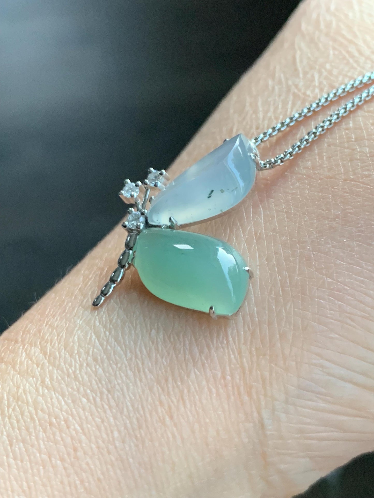 Certified Natural Burmese Icy Translucent White Jadeite Butterfly Pendant 18K White Gold & Natural Diamonds 0.11ct 天然缅甸白冰加晴绿翡翠蝴蝶钻石镶嵌吊坠 8634