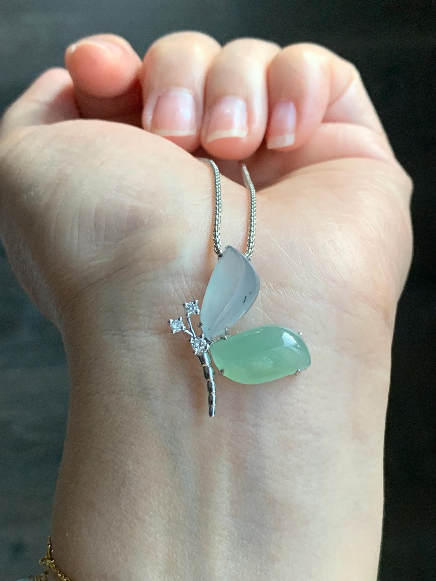 Certified Natural Burmese Icy Translucent White Jadeite Butterfly Pendant 18K White Gold & Natural Diamonds 0.11ct 天然缅甸白冰加晴绿翡翠蝴蝶钻石镶嵌吊坠 8634