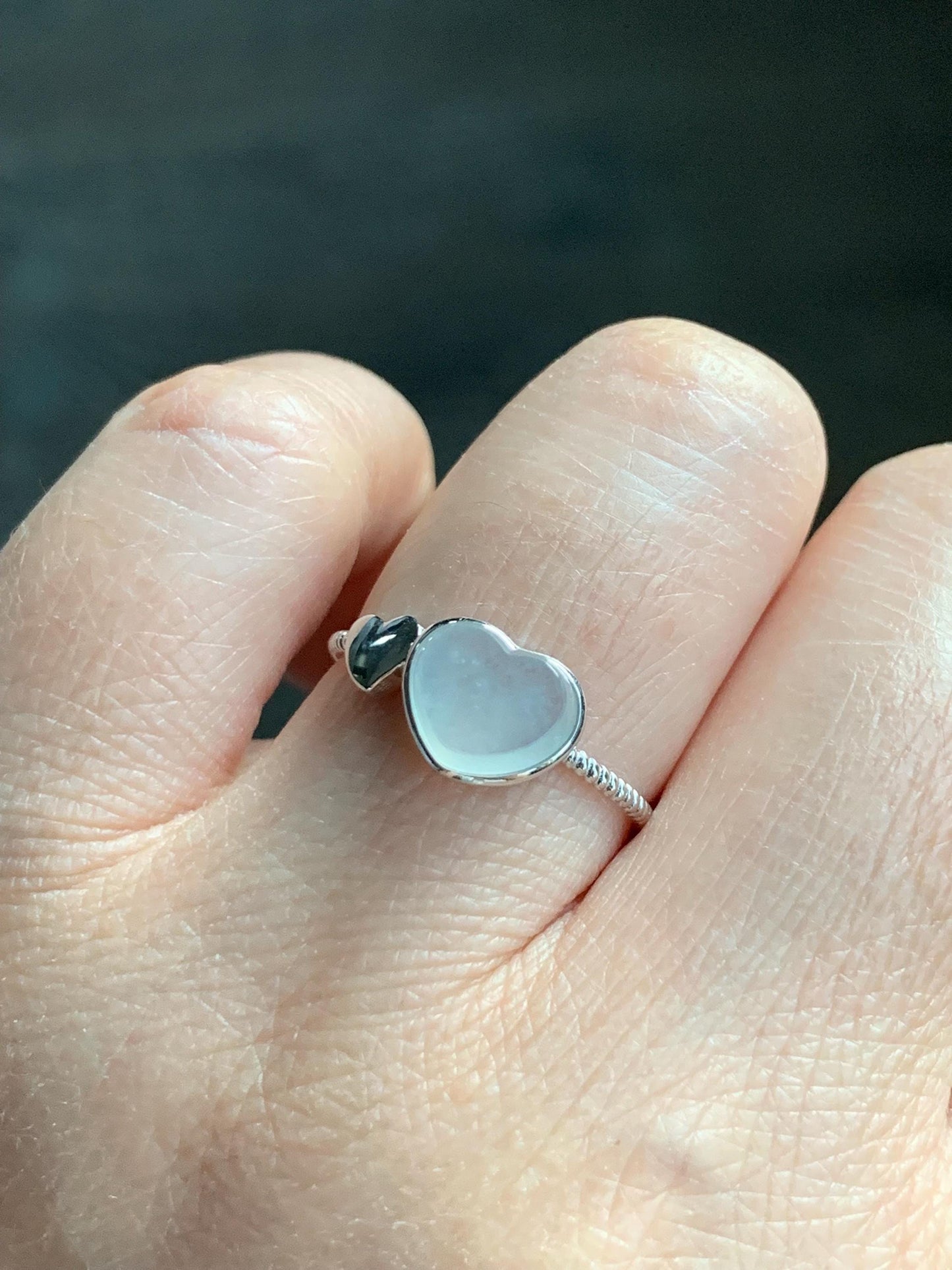 Certified Natural Burmese Icy Translucent Gelatinous White Jadeite Faceted Heart Ring 18K White Gold size 7.25 7.86g 天然缅甸冰胶起光白冰翡翠爱心镶嵌戒指 8603