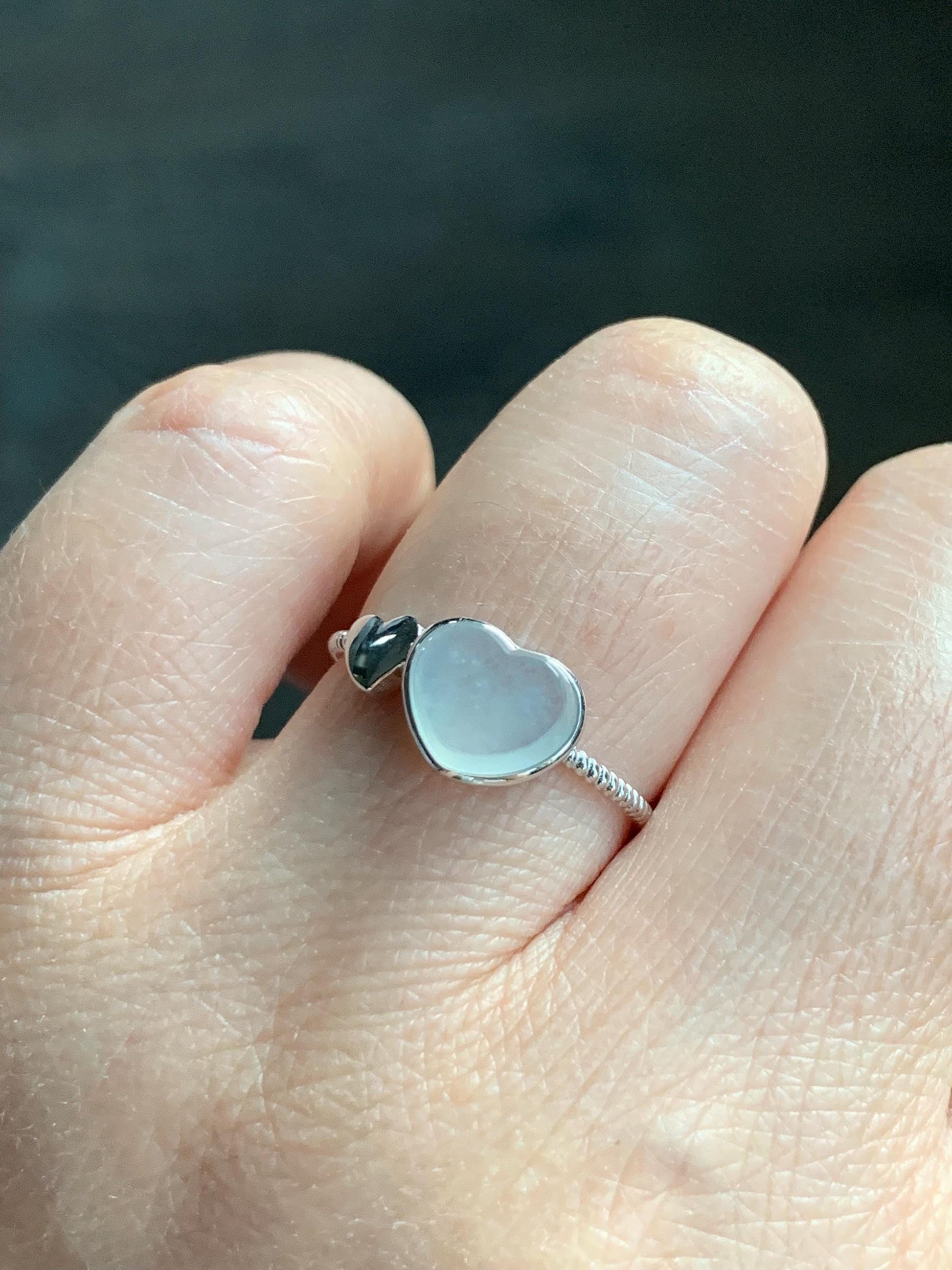 Certified Natural Burmese Icy Translucent Gelatinous White Jadeite Faceted Heart Ring 18K White Gold size 7.25 7.86g 天然缅甸冰胶起光白冰翡翠爱心镶嵌戒指 8603