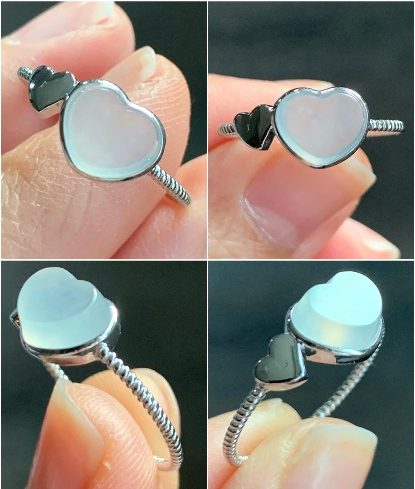 Certified Natural Burmese Icy Translucent Gelatinous White Jadeite Faceted Heart Ring 18K White Gold size 7.25 7.86g 天然缅甸冰胶起光白冰翡翠爱心镶嵌戒指 8603