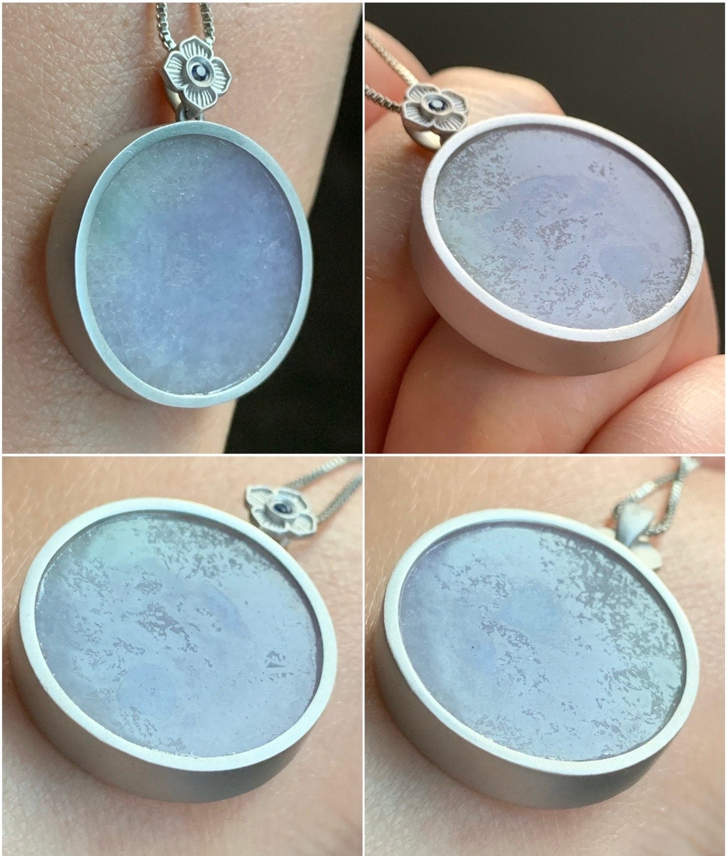 Certified Natural Burmese Grade A Untreated Light Purple Jadeite Pendant Sterling Silver w/ Blue Sapphire 8.42g 天然缅甸淡紫翡翠无事牌蓝宝石银镶吊坠 1666