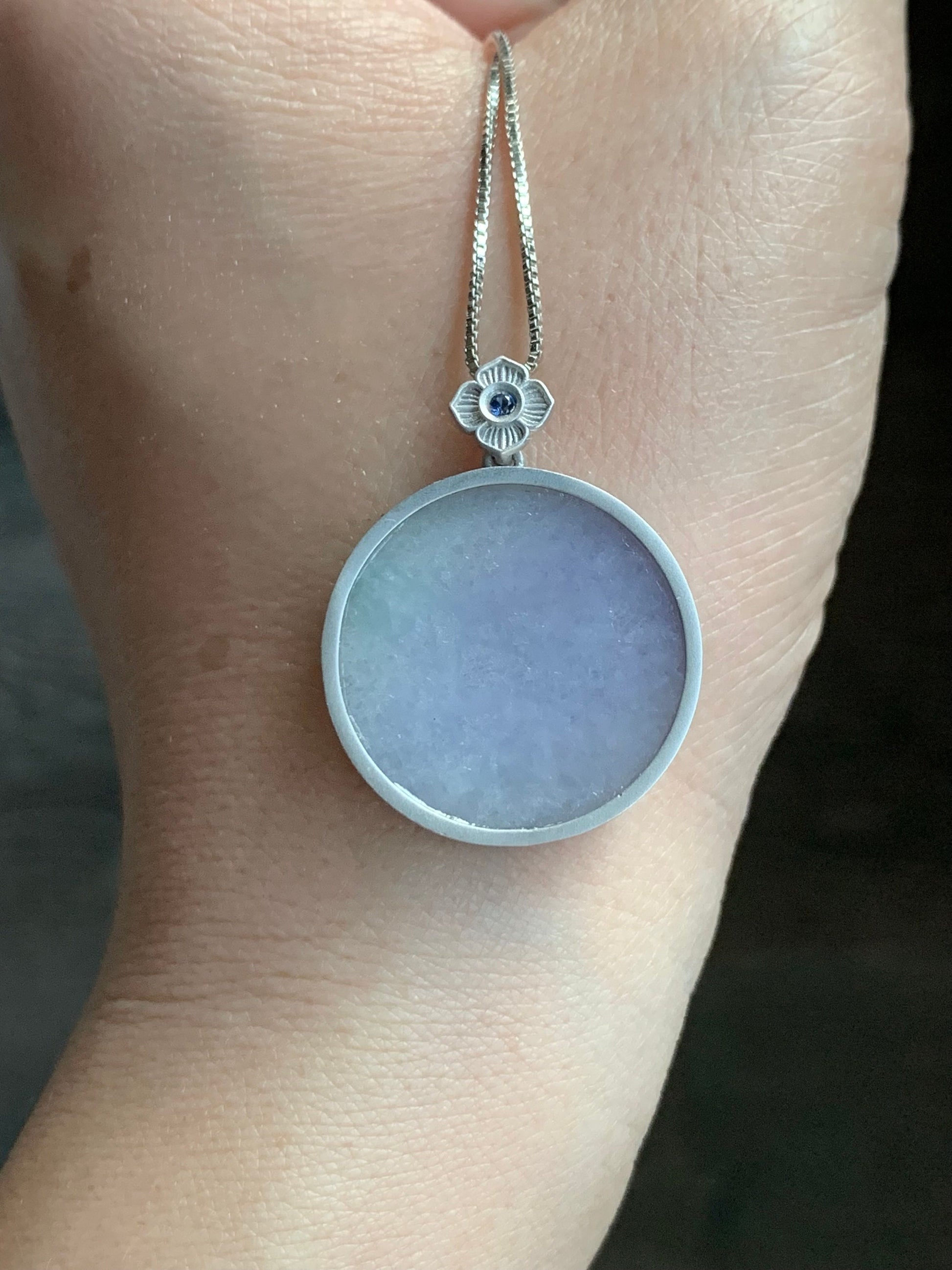 Certified Natural Burmese Grade A Untreated Light Purple Jadeite Pendant Sterling Silver w/ Blue Sapphire 8.42g 天然缅甸淡紫翡翠无事牌蓝宝石银镶吊坠 1666