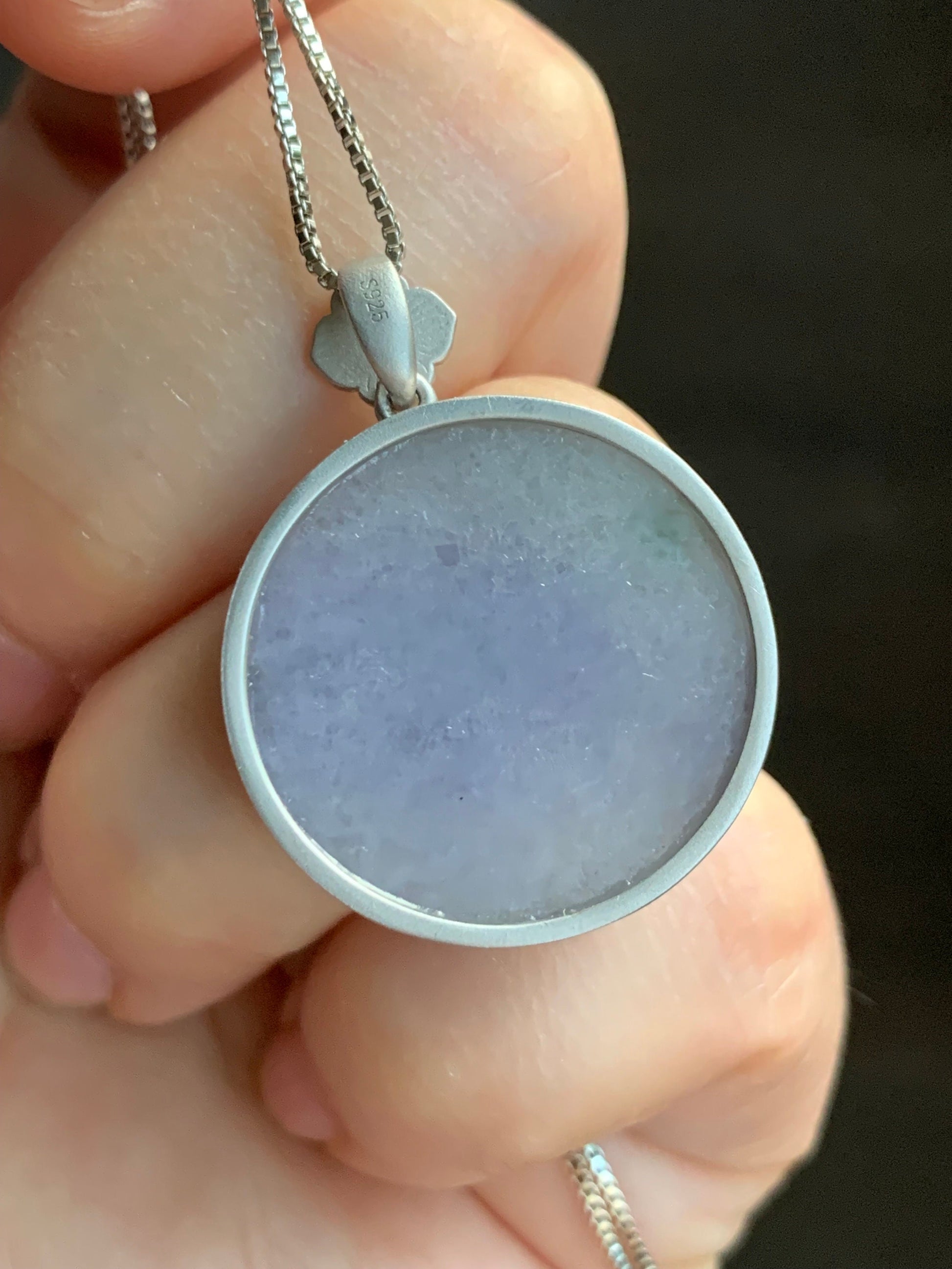 Certified Natural Burmese Grade A Untreated Light Purple Jadeite Pendant Sterling Silver w/ Blue Sapphire 8.42g 天然缅甸淡紫翡翠无事牌蓝宝石银镶吊坠 1666