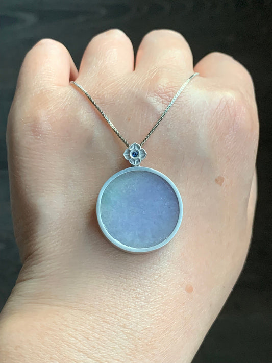 Certified Natural Burmese Grade A Untreated Light Purple Jadeite Pendant Sterling Silver w/ Blue Sapphire 8.42g 天然缅甸淡紫翡翠无事牌蓝宝石银镶吊坠 1666