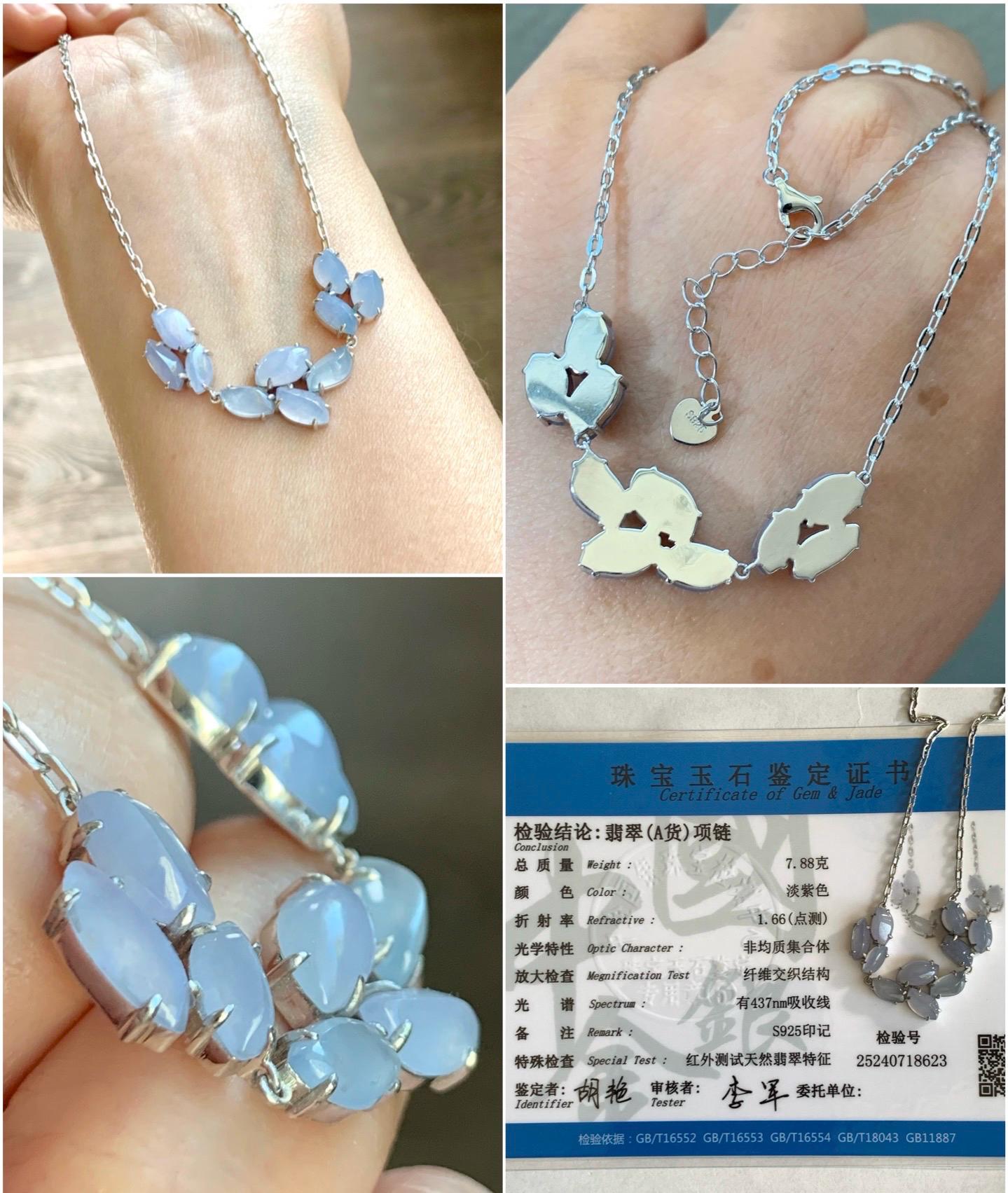 Certified Natural Burmese Icy Translucent Gelatinous Light Purple Jadeite Cluster Necklace Sterling Silver 16.5”-17.5” 天然缅甸冰胶淡紫翡翠马眼锁骨链 8623