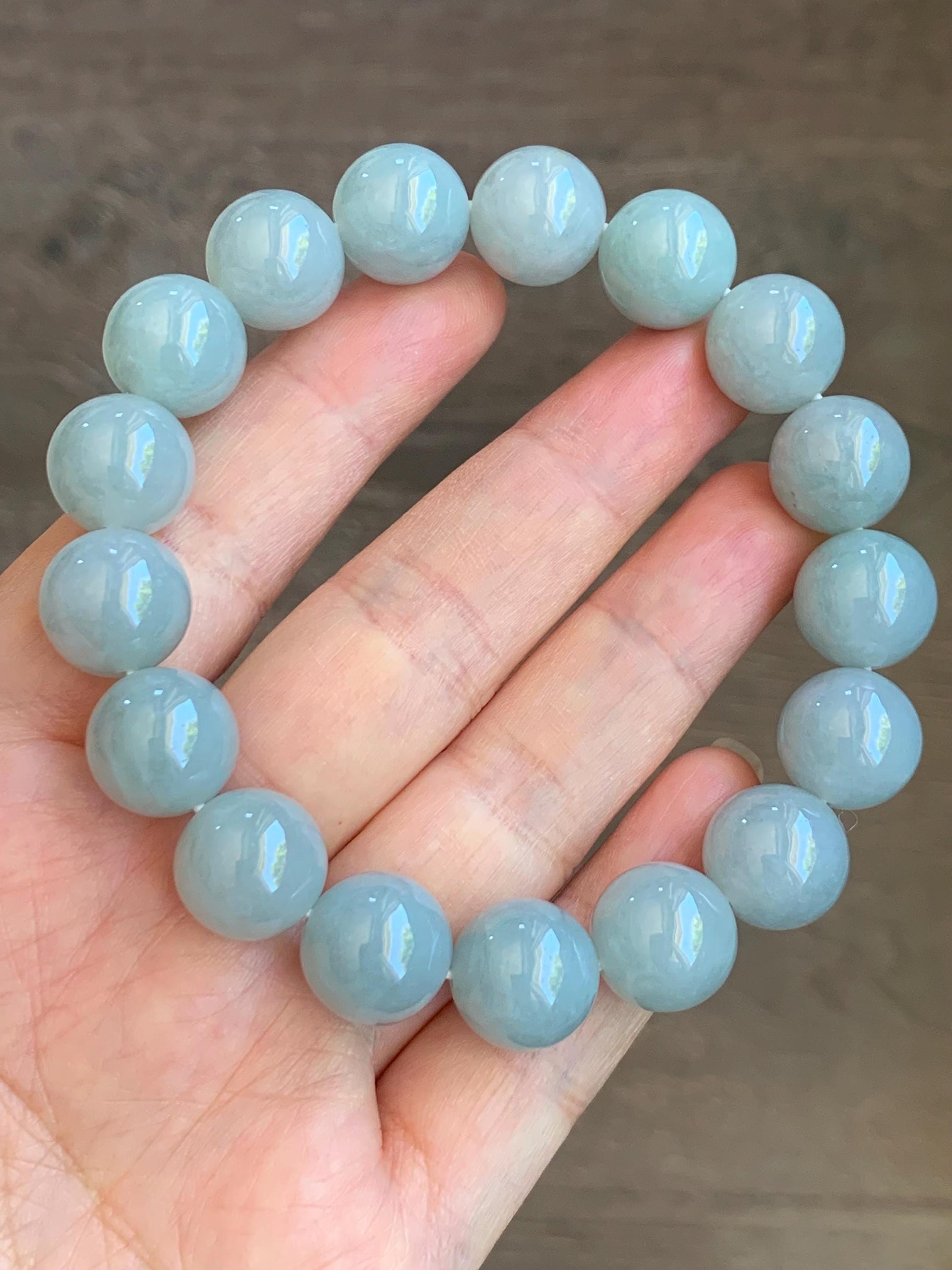 Natural Burmese Icy Translucent Large Light Dusty Blue Jadeite Mala Beaded Bracelet Stretchy 12.9mm 8” 64g 天然缅甸糯冰淡蓝翡翠手串 DMHL524