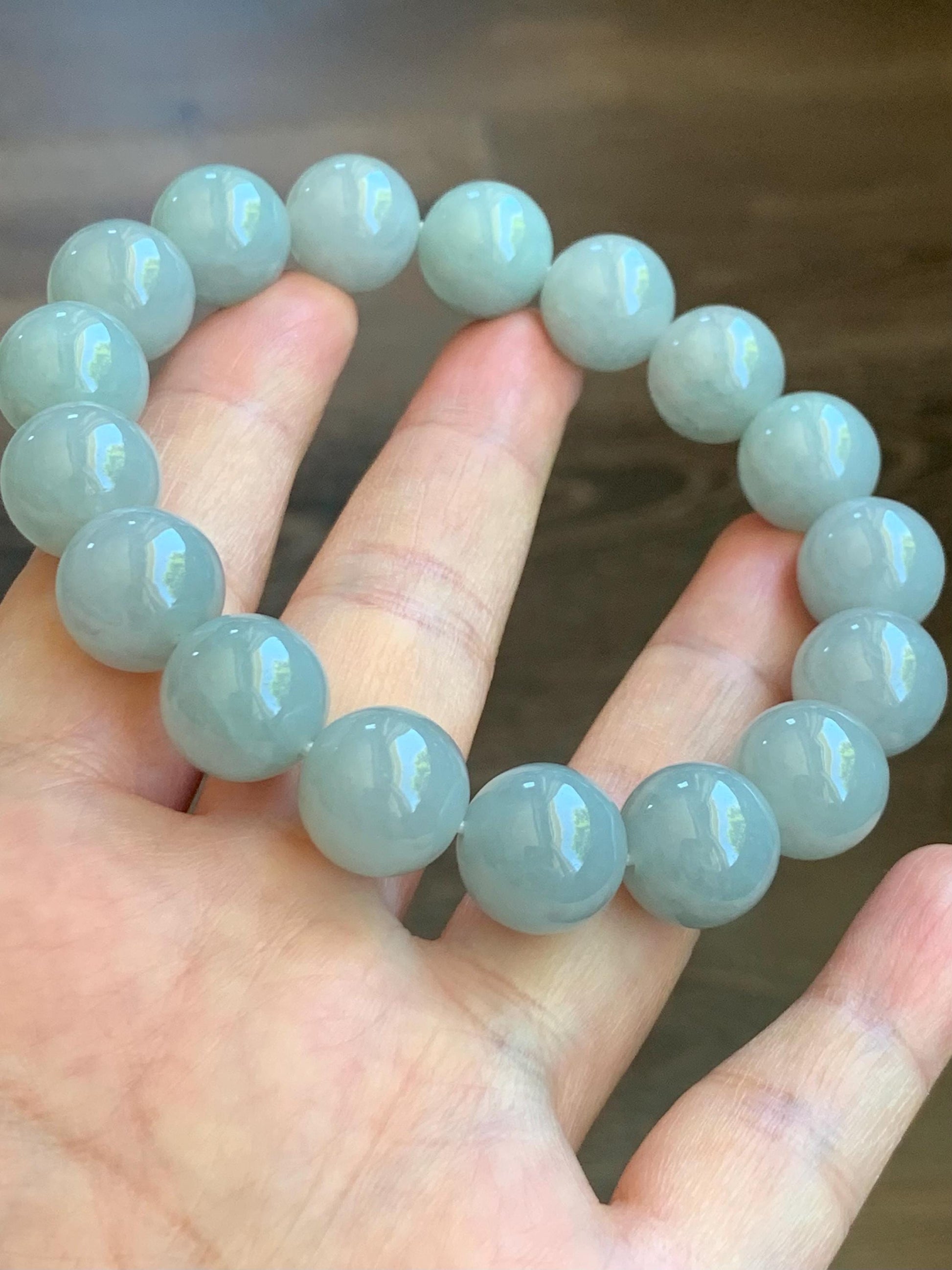 Natural Burmese Icy Translucent Large Light Dusty Blue Jadeite Mala Beaded Bracelet Stretchy 12.9mm 8” 64g 天然缅甸糯冰淡蓝翡翠手串 DMHL524