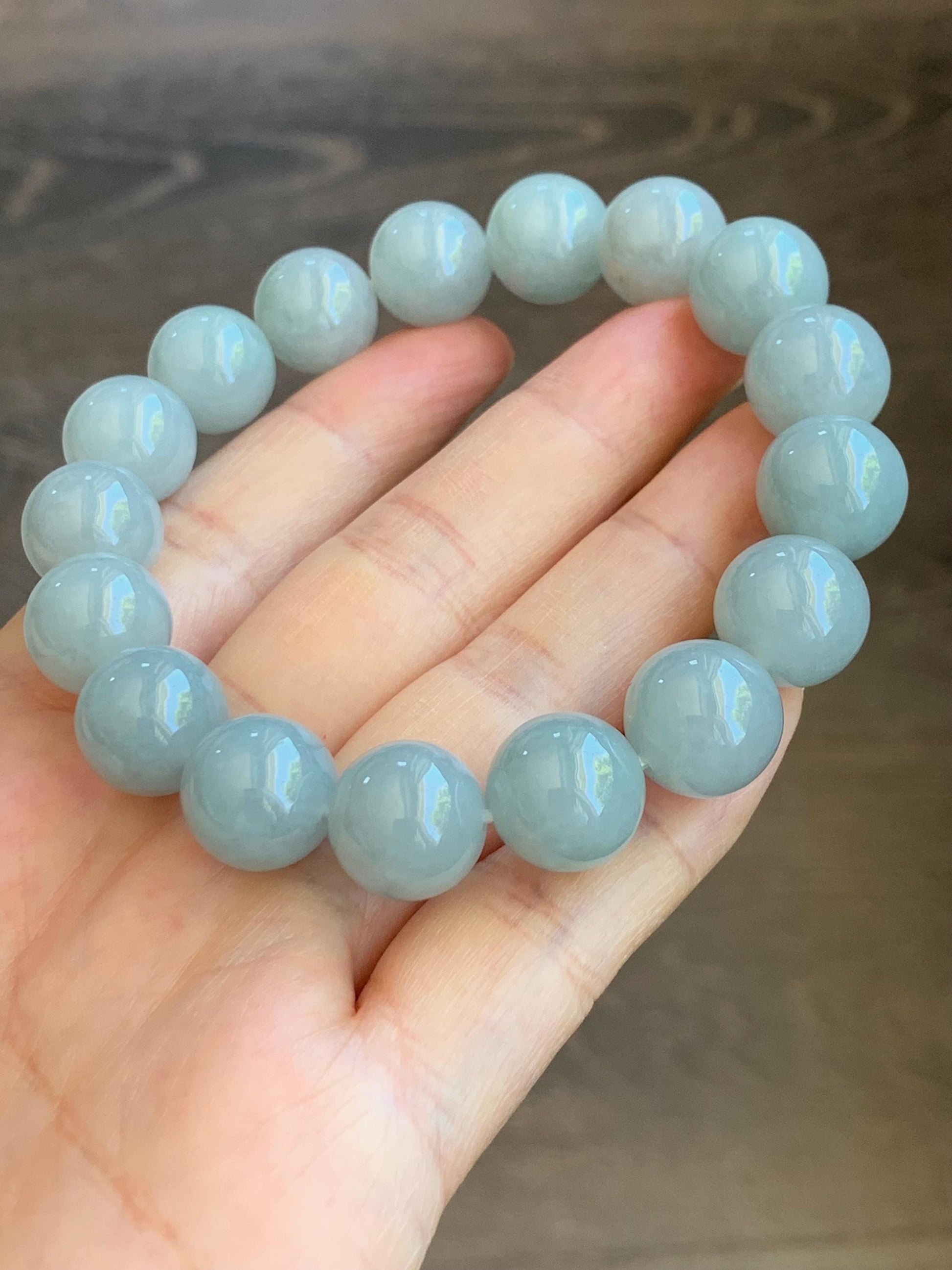 Natural Burmese Icy Translucent Large Light Dusty Blue Jadeite Mala Beaded Bracelet Stretchy 12.9mm 8” 64g 天然缅甸糯冰淡蓝翡翠手串 DMHL524