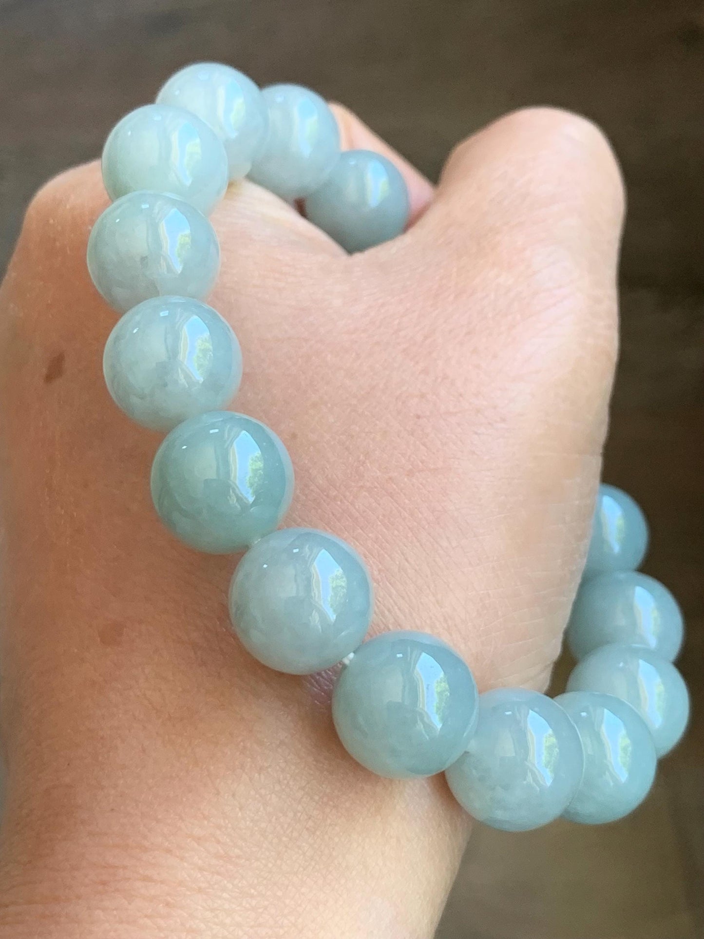 Natural Burmese Icy Translucent Large Light Dusty Blue Jadeite Mala Beaded Bracelet Stretchy 12.9mm 8” 64g 天然缅甸糯冰淡蓝翡翠手串 DMHL524