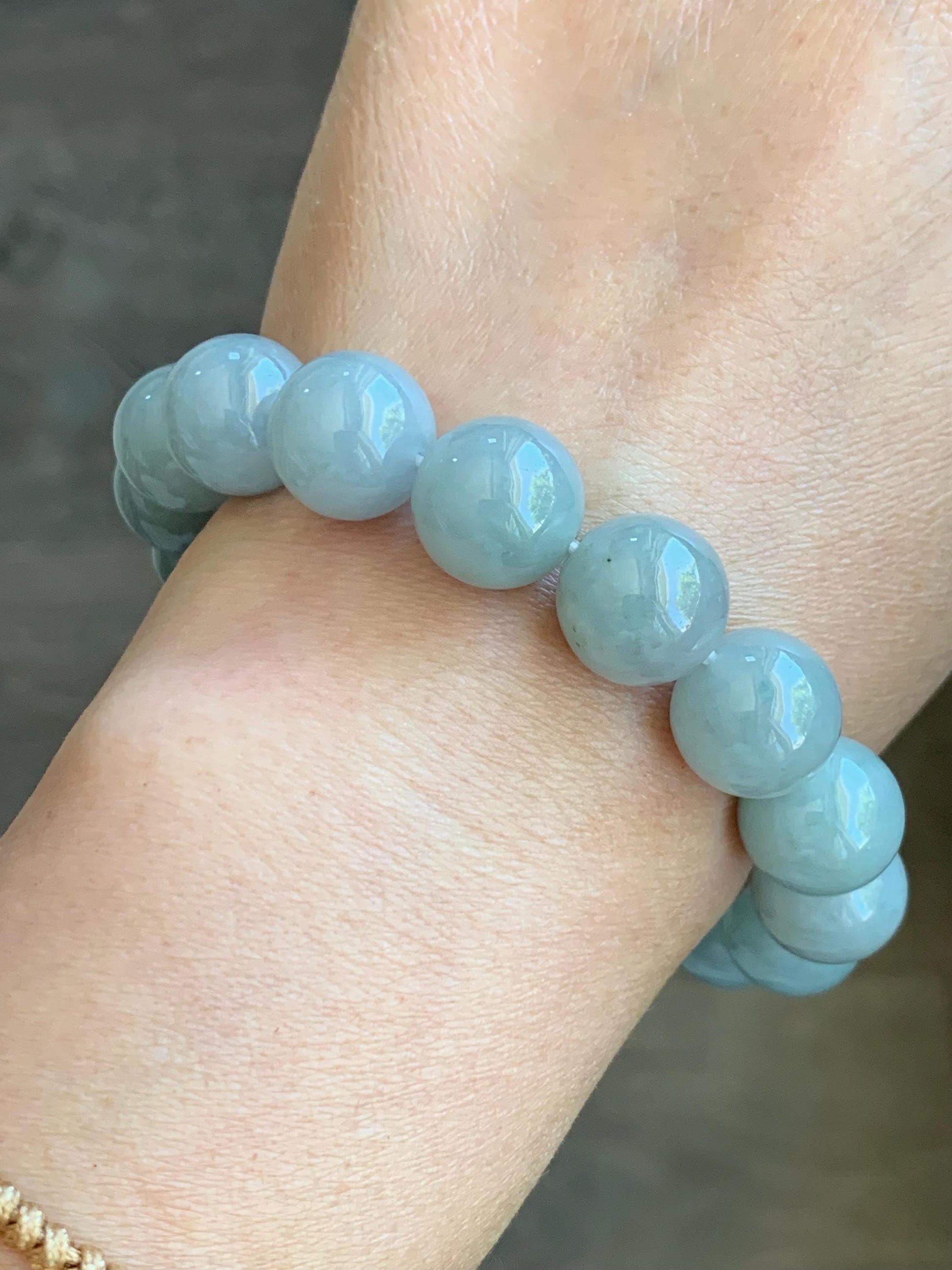 Natural Burmese Icy Translucent Large Light Dusty Blue Jadeite Mala Beaded Bracelet Stretchy 12.9mm 8” 64g 天然缅甸糯冰淡蓝翡翠手串 DMHL524