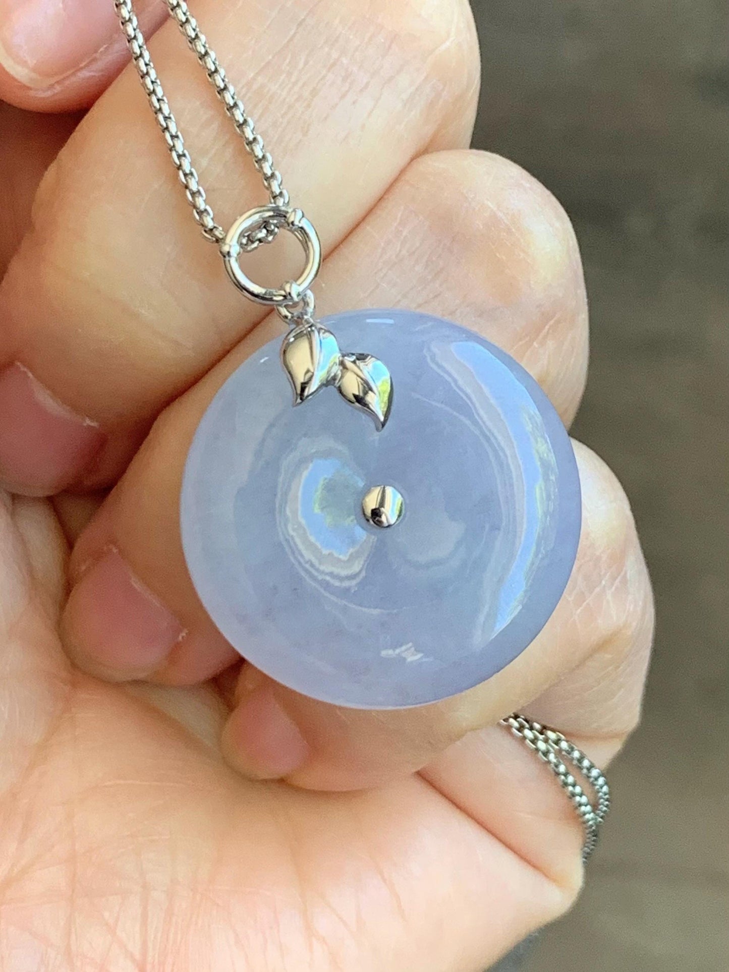 Certified Natural Burmese Icy Translucent Light Purple Jadeite Ping An Kou Donut Pendant 18K White Gold 10.69g 天然缅甸冰胶淡紫翡翠平安扣镶嵌吊坠 8620