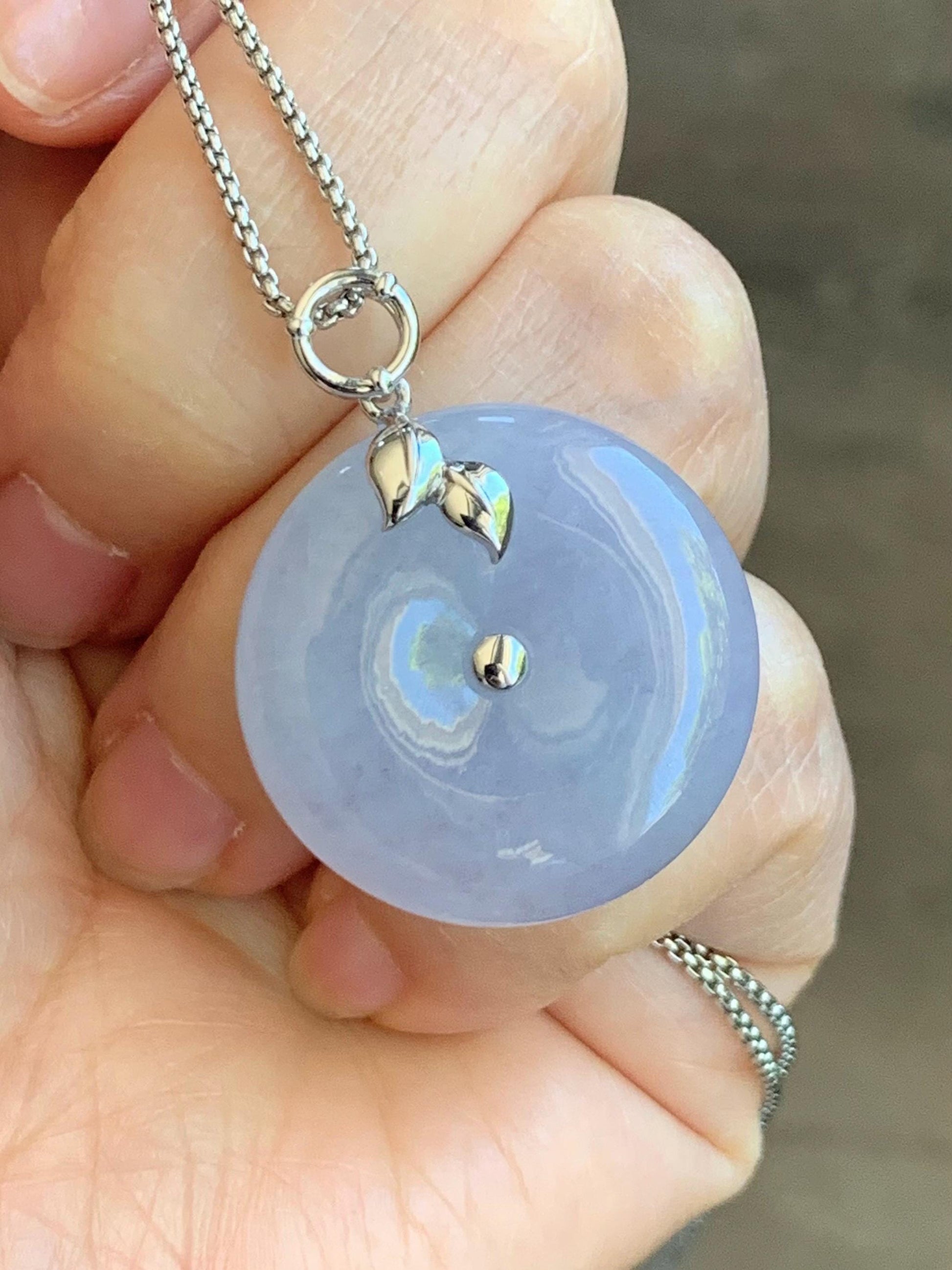 Certified Natural Burmese Icy Translucent Light Purple Jadeite Ping An Kou Donut Pendant 18K White Gold 10.69g 天然缅甸冰胶淡紫翡翠平安扣镶嵌吊坠 8620