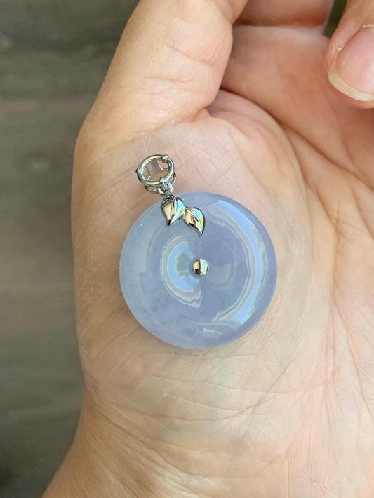 Certified Natural Burmese Icy Translucent Light Purple Jadeite Ping An Kou Donut Pendant 18K White Gold 10.69g 天然缅甸冰胶淡紫翡翠平安扣镶嵌吊坠 8620