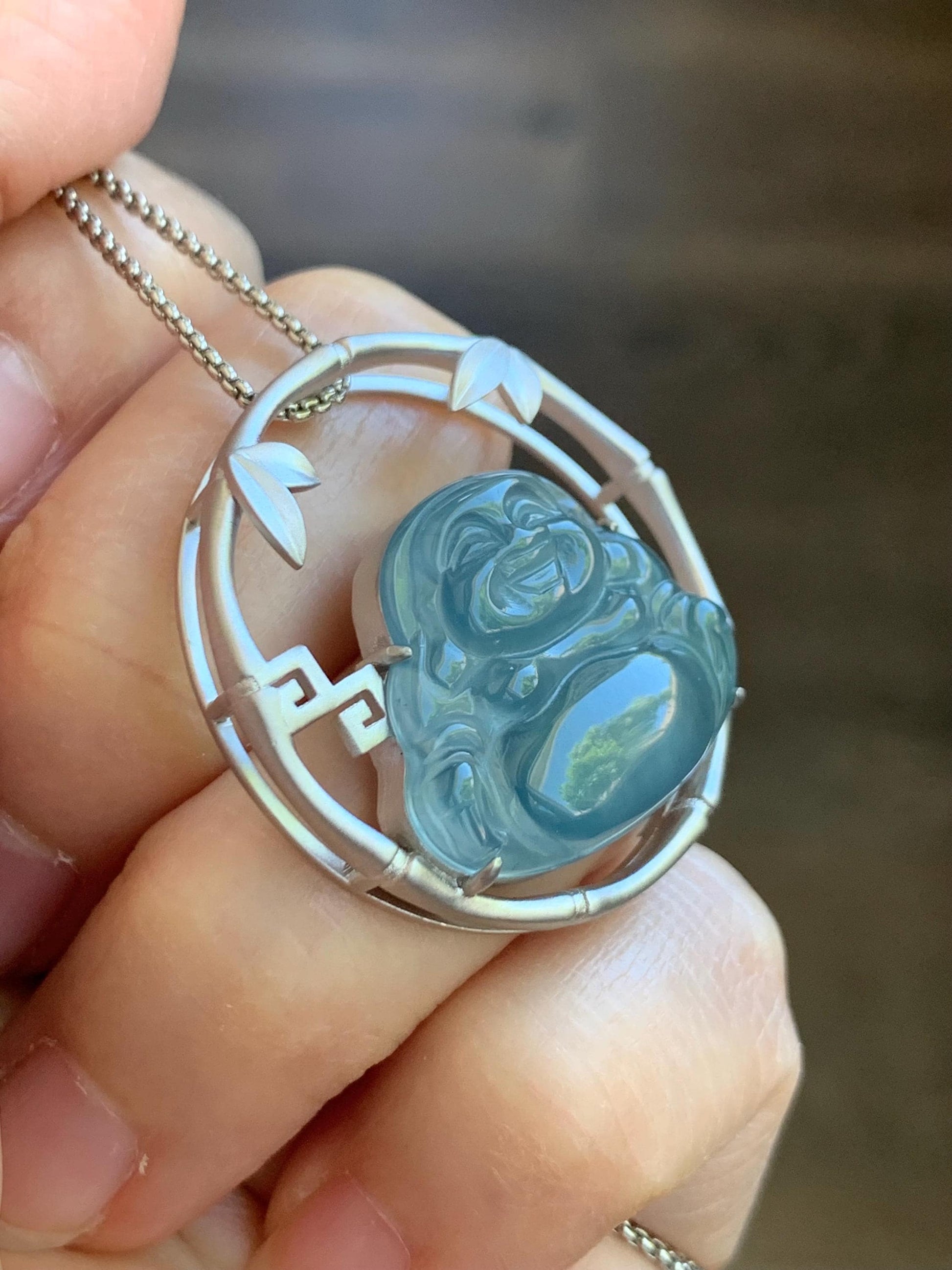 Certified Natural Guatemalan Premium Icy Highly Translucent Dusty Blue Jadeite Buddha Pendant Sterling Silver 9.44g 天然老种高冰危蓝翡翠起冰起光佛公镶嵌吊坠 617