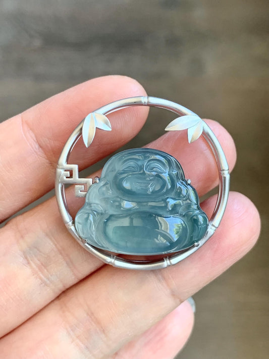 Certified Natural Guatemalan Premium Icy Highly Translucent Dusty Blue Jadeite Buddha Pendant Sterling Silver 9.44g 天然老种高冰危蓝翡翠起冰起光佛公镶嵌吊坠 617