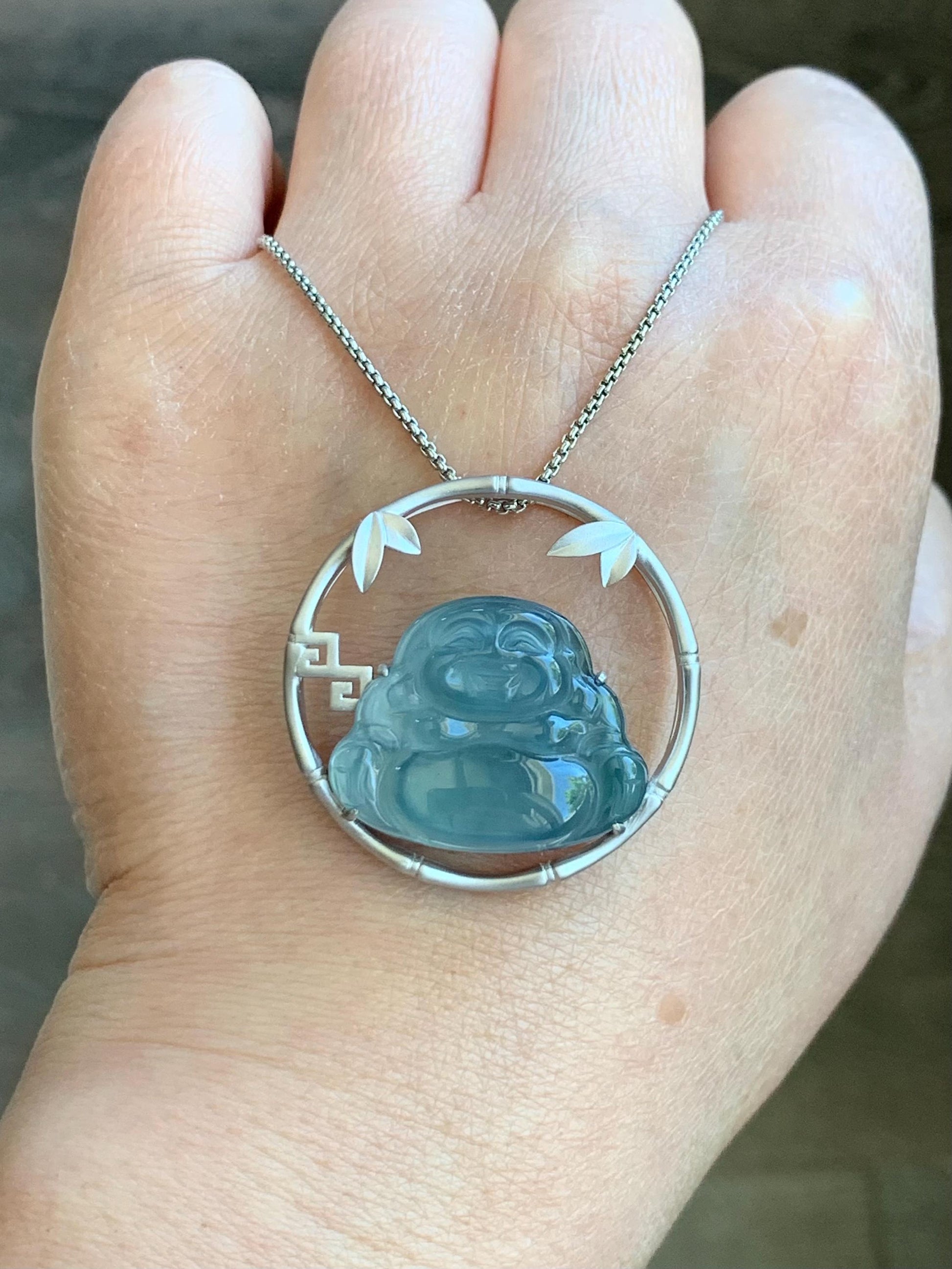 Certified Natural Guatemalan Premium Icy Highly Translucent Dusty Blue Jadeite Buddha Pendant Sterling Silver 9.44g 天然老种高冰危蓝翡翠起冰起光佛公镶嵌吊坠 617