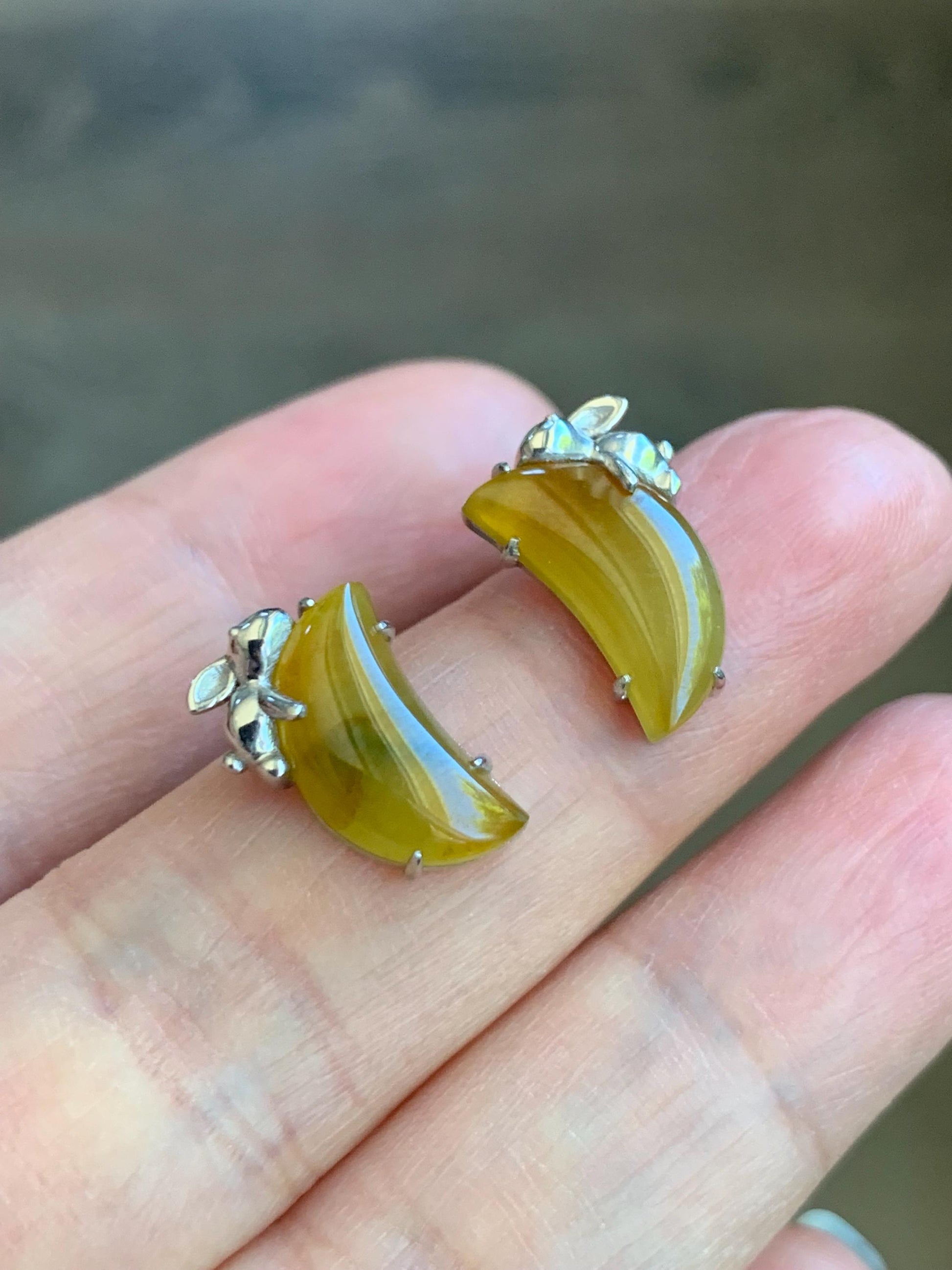 Certified Natural Burmese Icy Translucent Vibrant Yellow Jadeite Moon & Rabbit Stud Earrings Sterling Silver 2.70g 天然缅甸冰黄翡翠月亮小兔镶嵌耳钉 8600