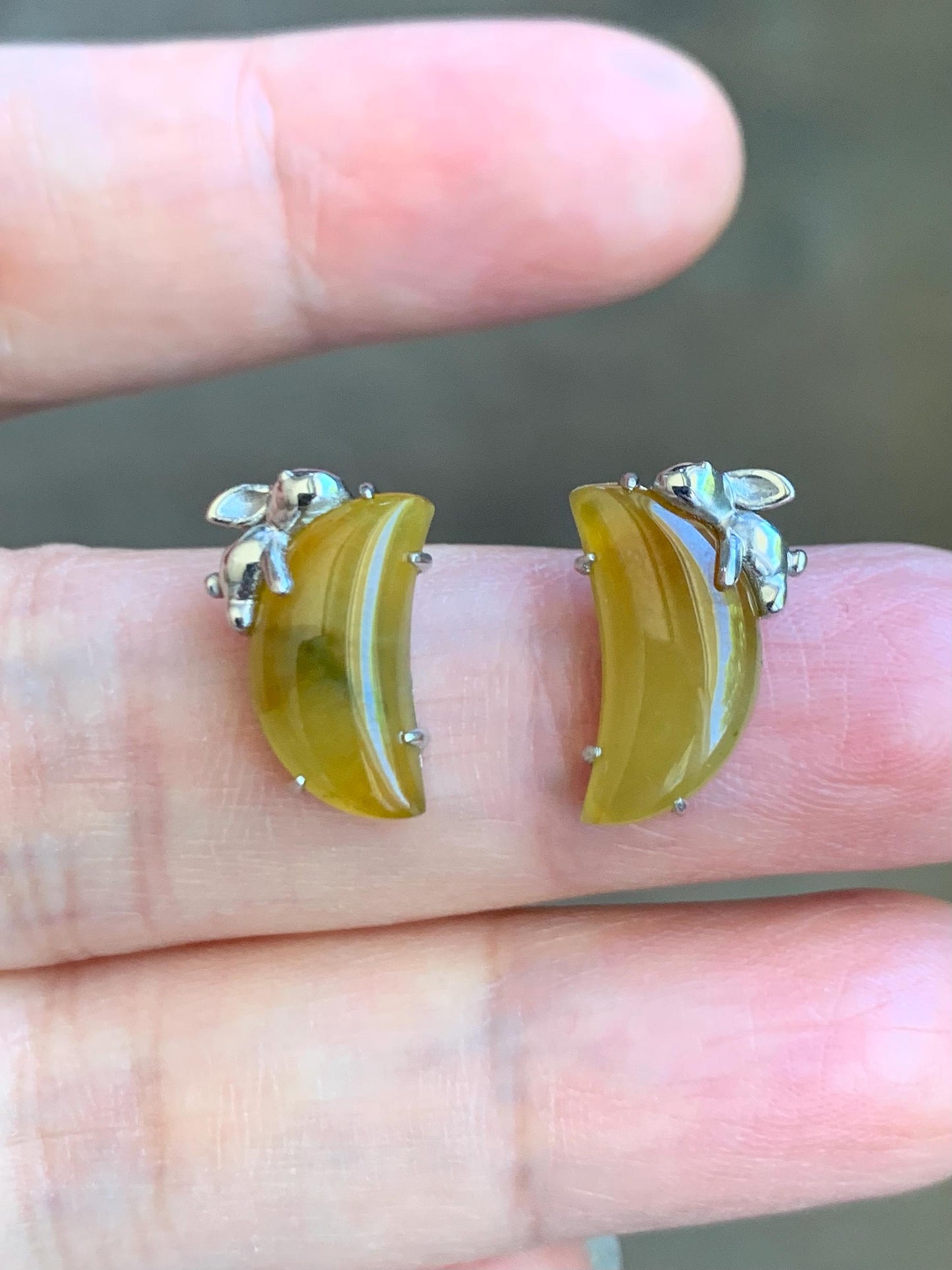 Certified Natural Burmese Icy Translucent Vibrant Yellow Jadeite Moon & Rabbit Stud Earrings Sterling Silver 2.70g 天然缅甸冰黄翡翠月亮小兔镶嵌耳钉 8600