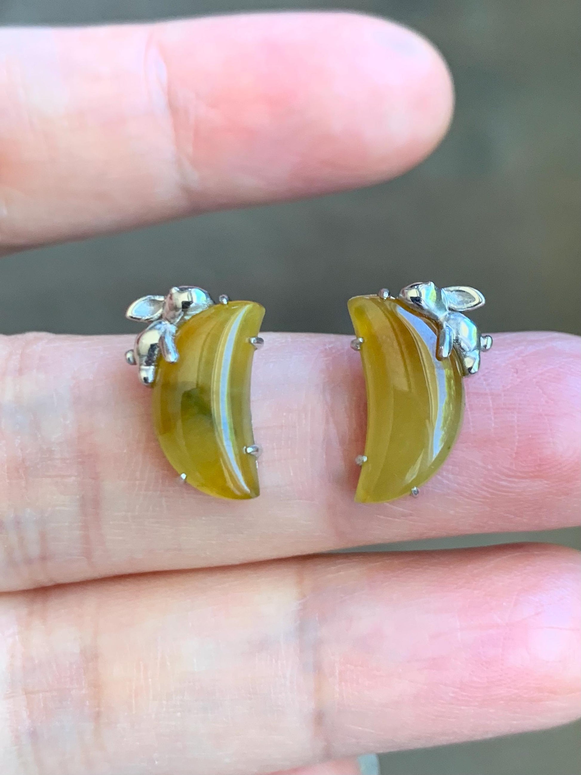 Certified Natural Burmese Icy Translucent Vibrant Yellow Jadeite Moon & Rabbit Stud Earrings Sterling Silver 2.70g 天然缅甸冰黄翡翠月亮小兔镶嵌耳钉 8600