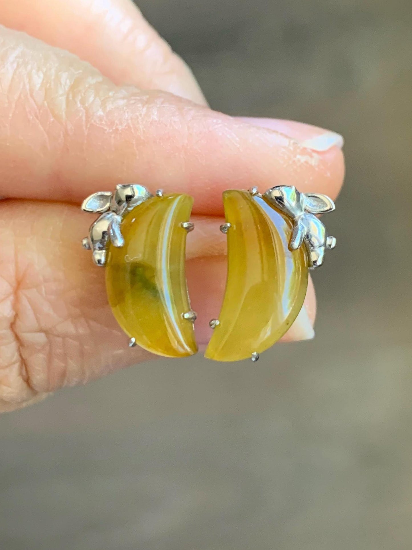 Certified Natural Burmese Icy Translucent Vibrant Yellow Jadeite Moon & Rabbit Stud Earrings Sterling Silver 2.70g 天然缅甸冰黄翡翠月亮小兔镶嵌耳钉 8600
