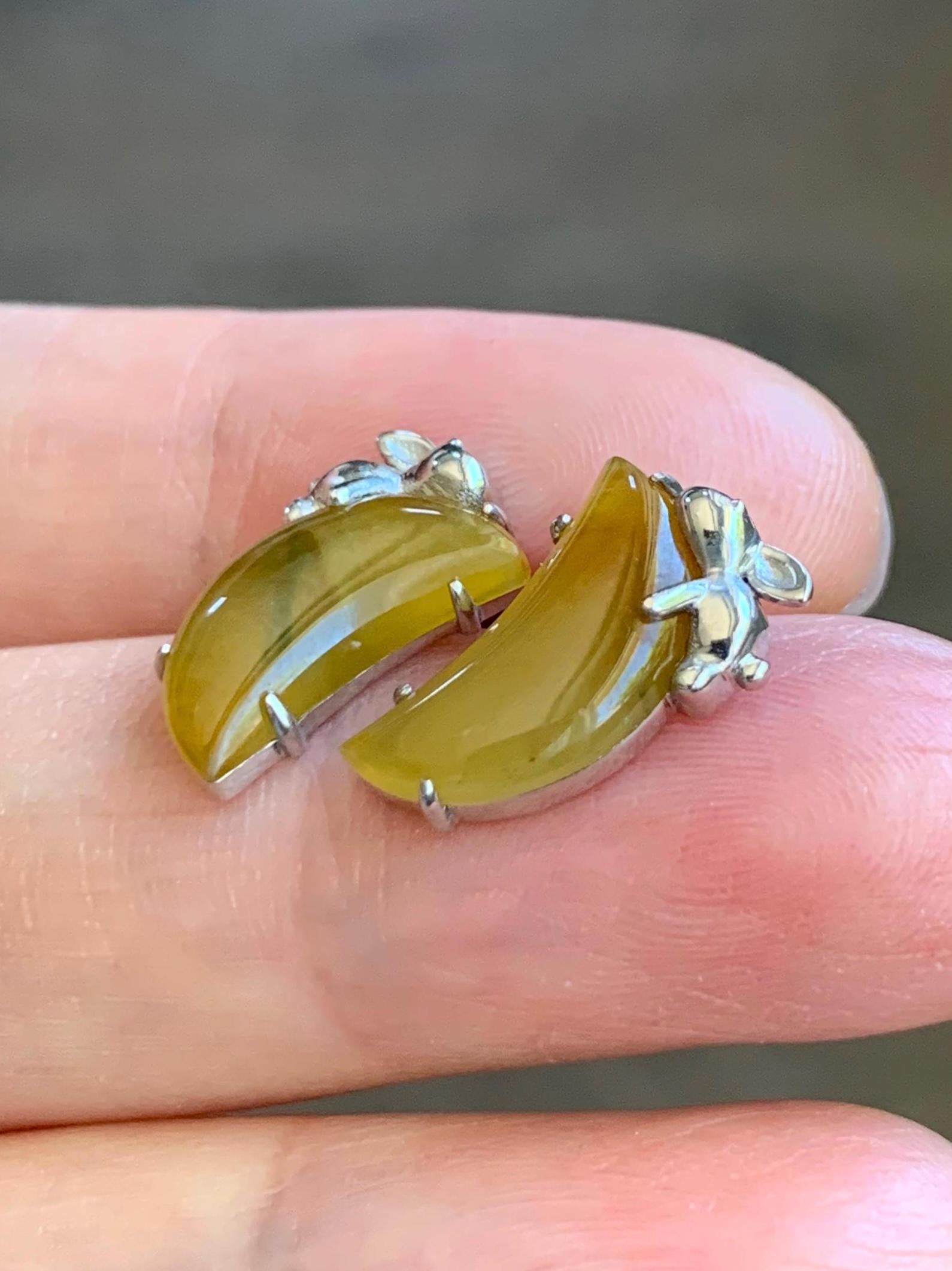Certified Natural Burmese Icy Translucent Vibrant Yellow Jadeite Moon & Rabbit Stud Earrings Sterling Silver 2.70g 天然缅甸冰黄翡翠月亮小兔镶嵌耳钉 8600