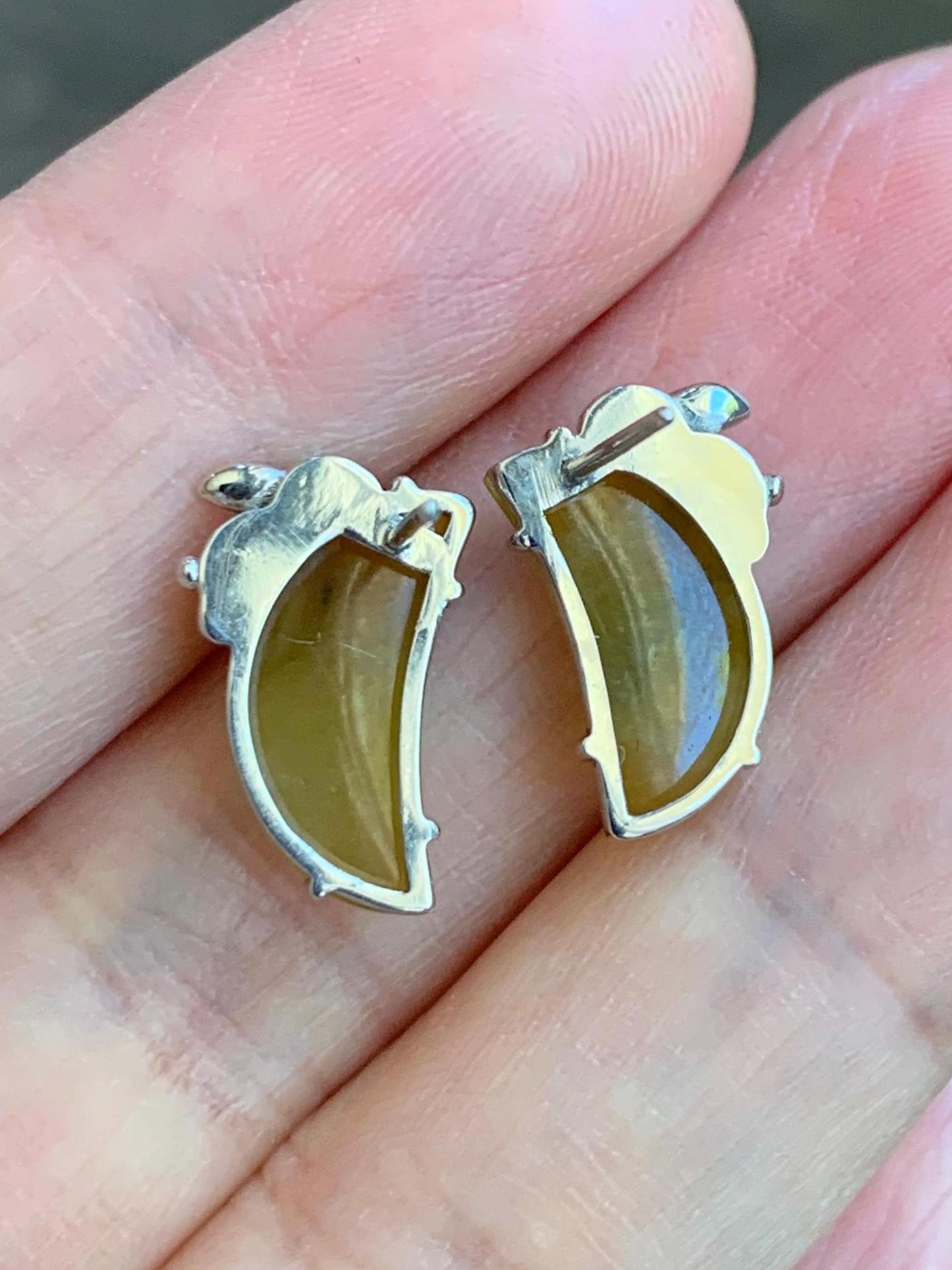 Certified Natural Burmese Icy Translucent Vibrant Yellow Jadeite Moon & Rabbit Stud Earrings Sterling Silver 2.70g 天然缅甸冰黄翡翠月亮小兔镶嵌耳钉 8600