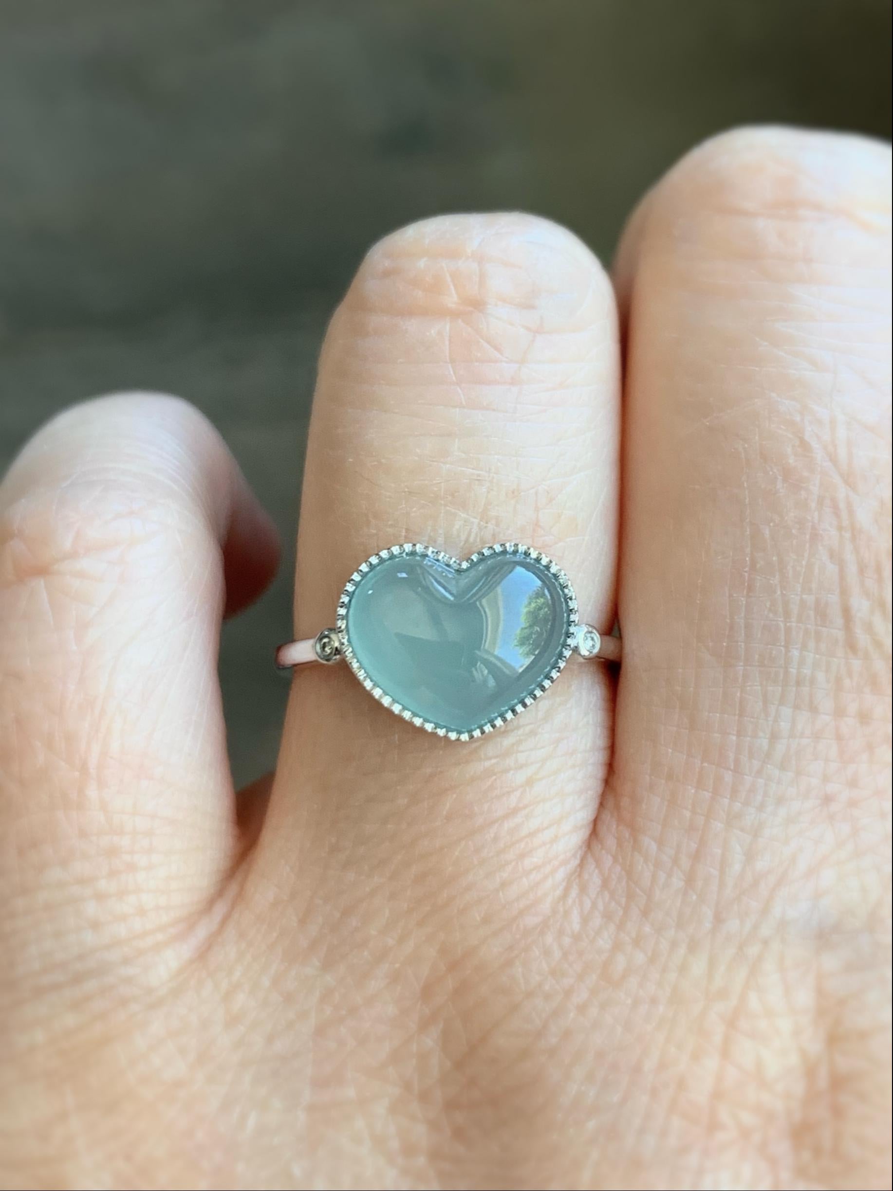 Certified Natural Burmese Icy Translucent Light Blue Jadeite Heart Ring 18K White Gold Natural Diamonds sz 7.25 2.74g 天然缅甸冰胶淡蓝翡翠爱心镶嵌戒指 8602