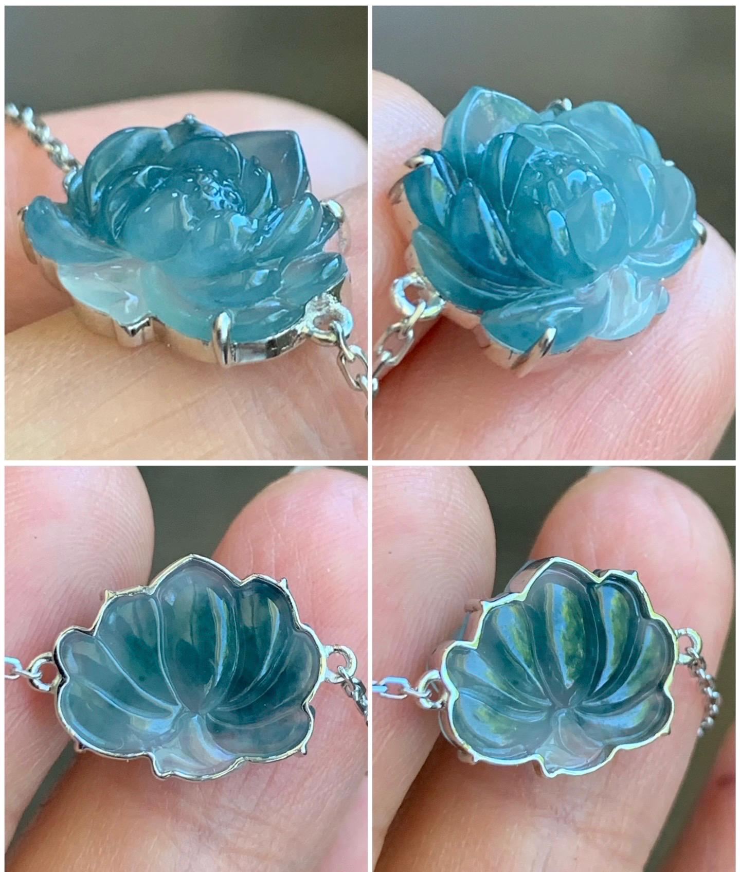 Certified Natural Burmese Icy Translucent Blue Jeans Marbled Jadeite Lotus Flower Bracelet 18K White Gold 6.25"-7" 天然缅甸冰胶牛仔蓝飘花翡翠莲花镶嵌手链 8625