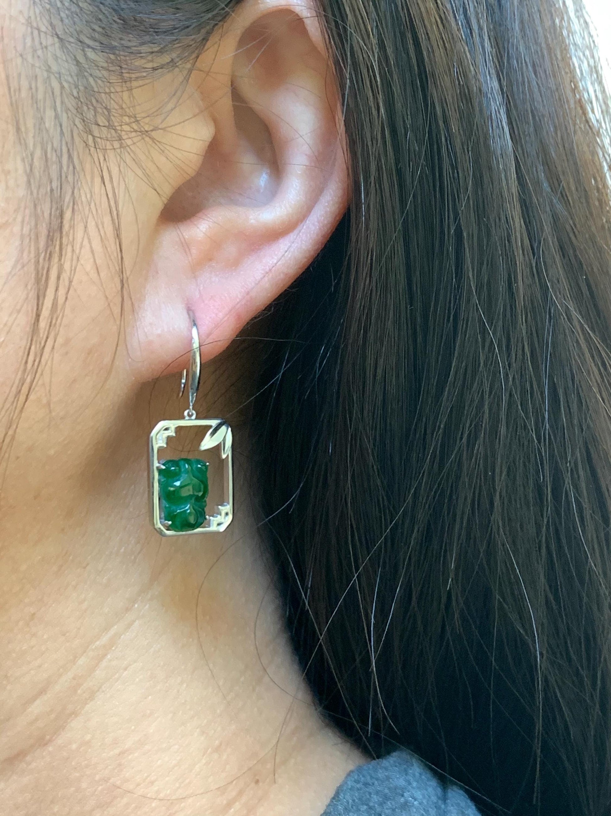 Certified Natural Guatemalan Icy Translucent Vibrant Green Jadeite Goldfish Dangle Earrings Bamboo Design Sterling Silver 天然冰危绿翡翠金鱼银镶耳钩耳吊