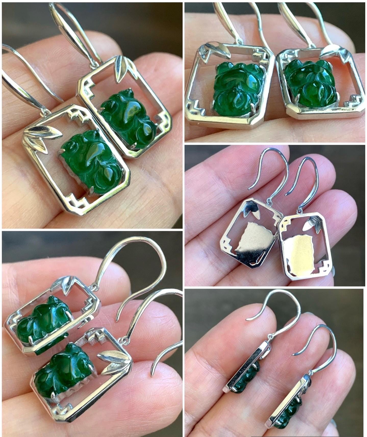 Certified Natural Guatemalan Icy Translucent Vibrant Green Jadeite Goldfish Dangle Earrings Bamboo Design Sterling Silver 天然冰危绿翡翠金鱼银镶耳钩耳吊