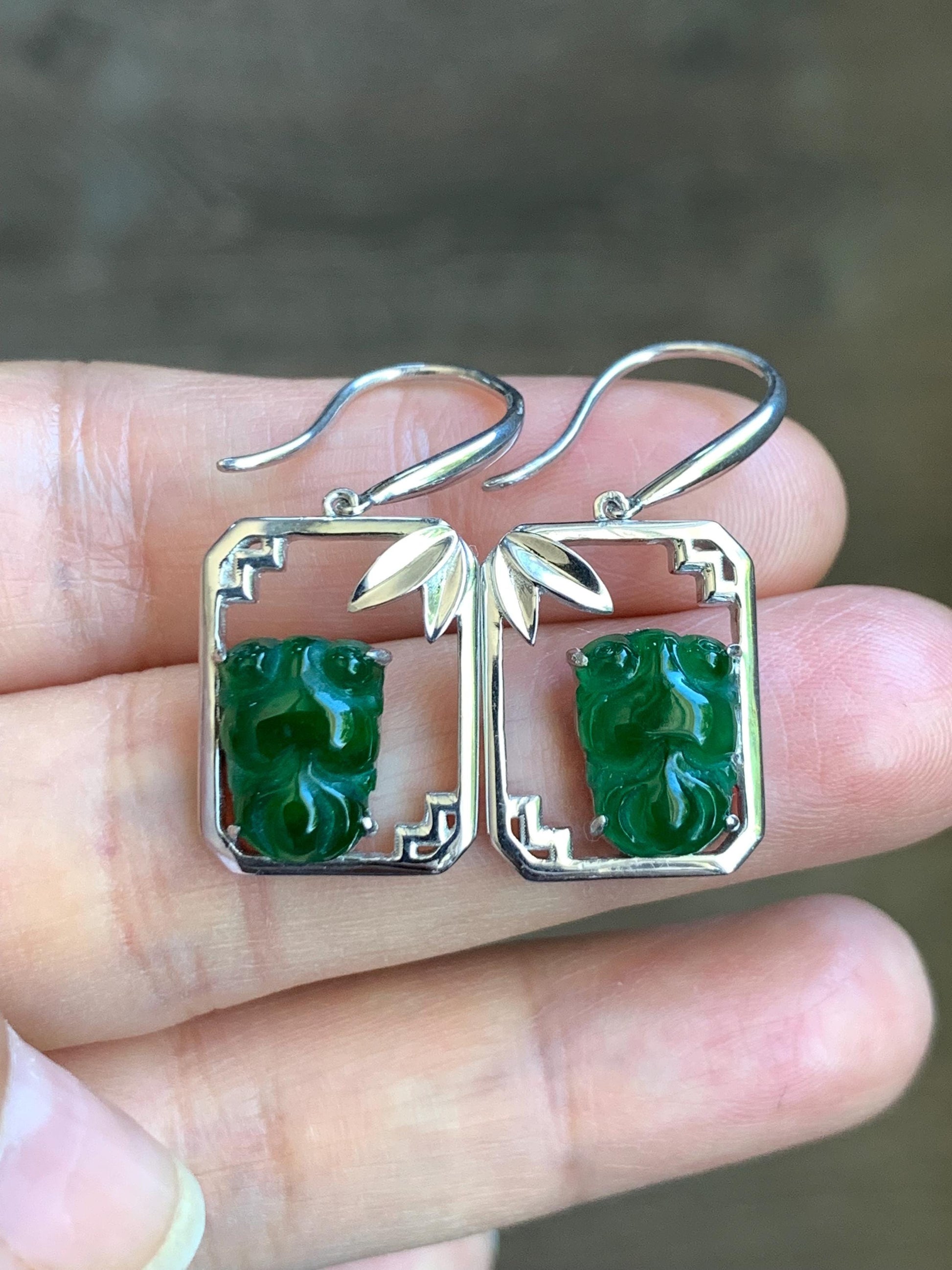 Certified Natural Guatemalan Icy Translucent Vibrant Green Jadeite Goldfish Dangle Earrings Bamboo Design Sterling Silver 天然冰危绿翡翠金鱼银镶耳钩耳吊