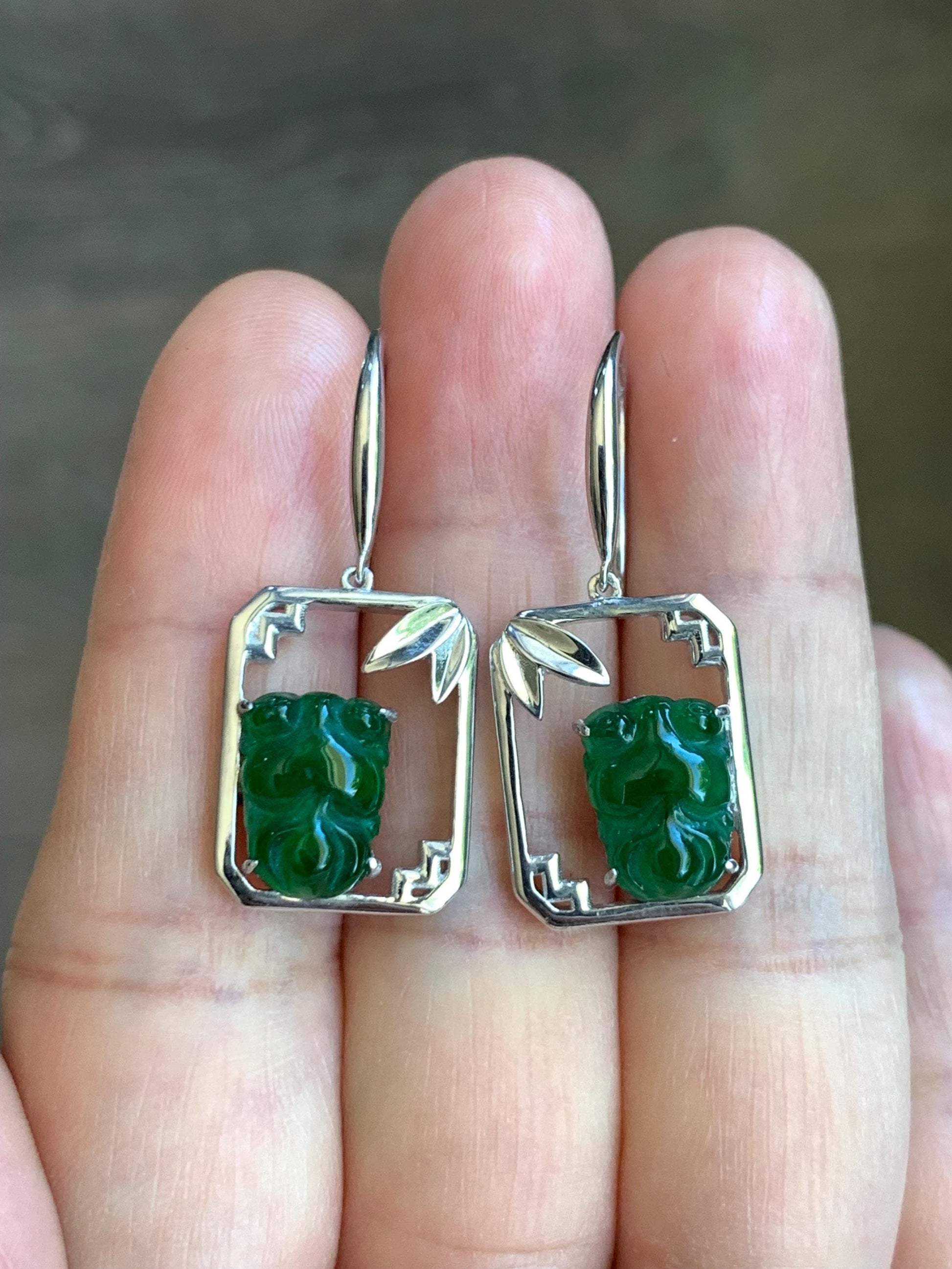Certified Natural Guatemalan Icy Translucent Vibrant Green Jadeite Goldfish Dangle Earrings Bamboo Design Sterling Silver 天然冰危绿翡翠金鱼银镶耳钩耳吊