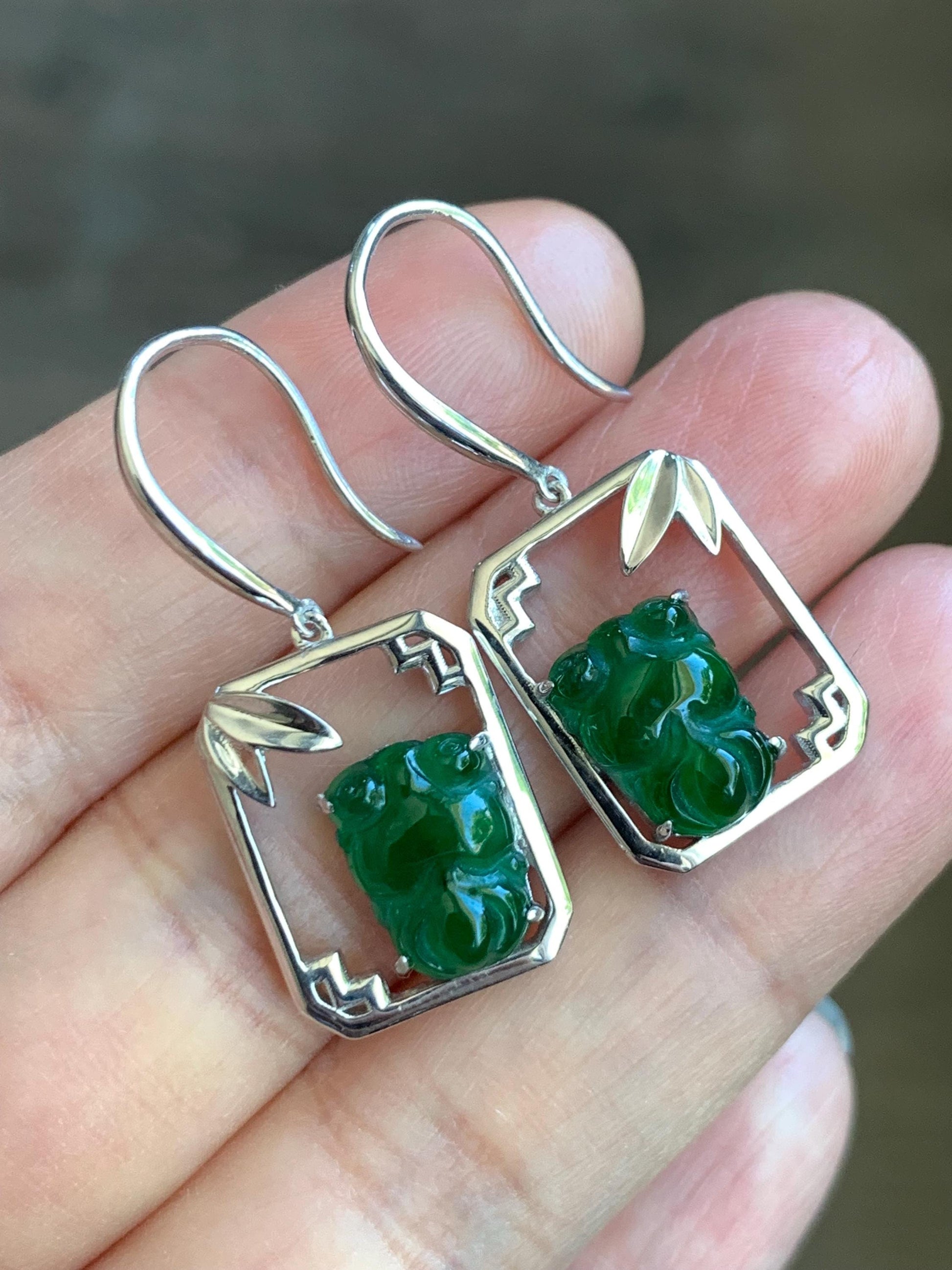 Certified Natural Guatemalan Icy Translucent Vibrant Green Jadeite Goldfish Dangle Earrings Bamboo Design Sterling Silver 天然冰危绿翡翠金鱼银镶耳钩耳吊