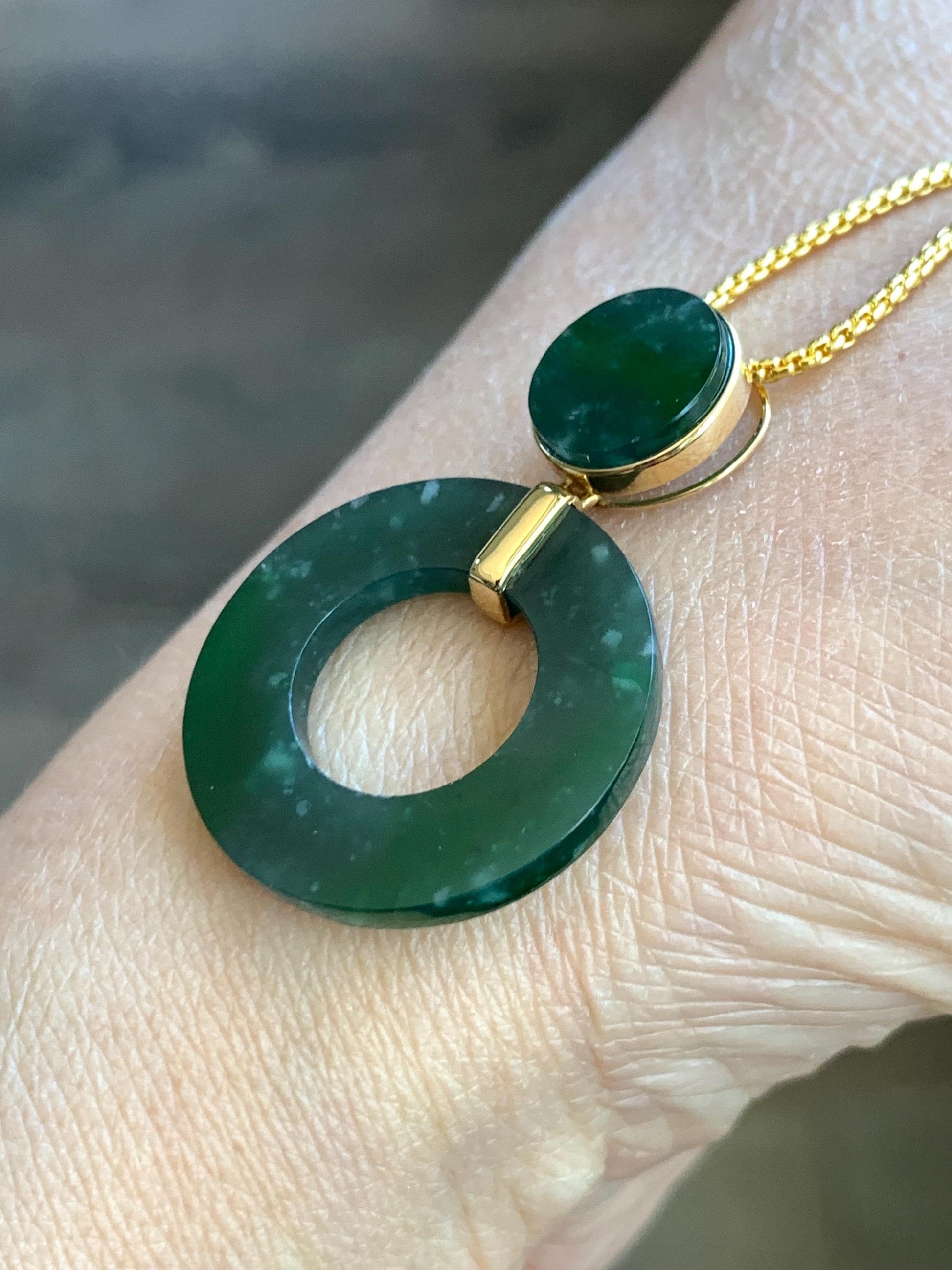 Certified Natural Guatemalan Icy Translucent Dark Teal Green Vibrant Green Jadeite Ping An Kou Donut Pendant 18K Yellow Gold 天然冰危深绿飘花翡翠平安扣吊坠