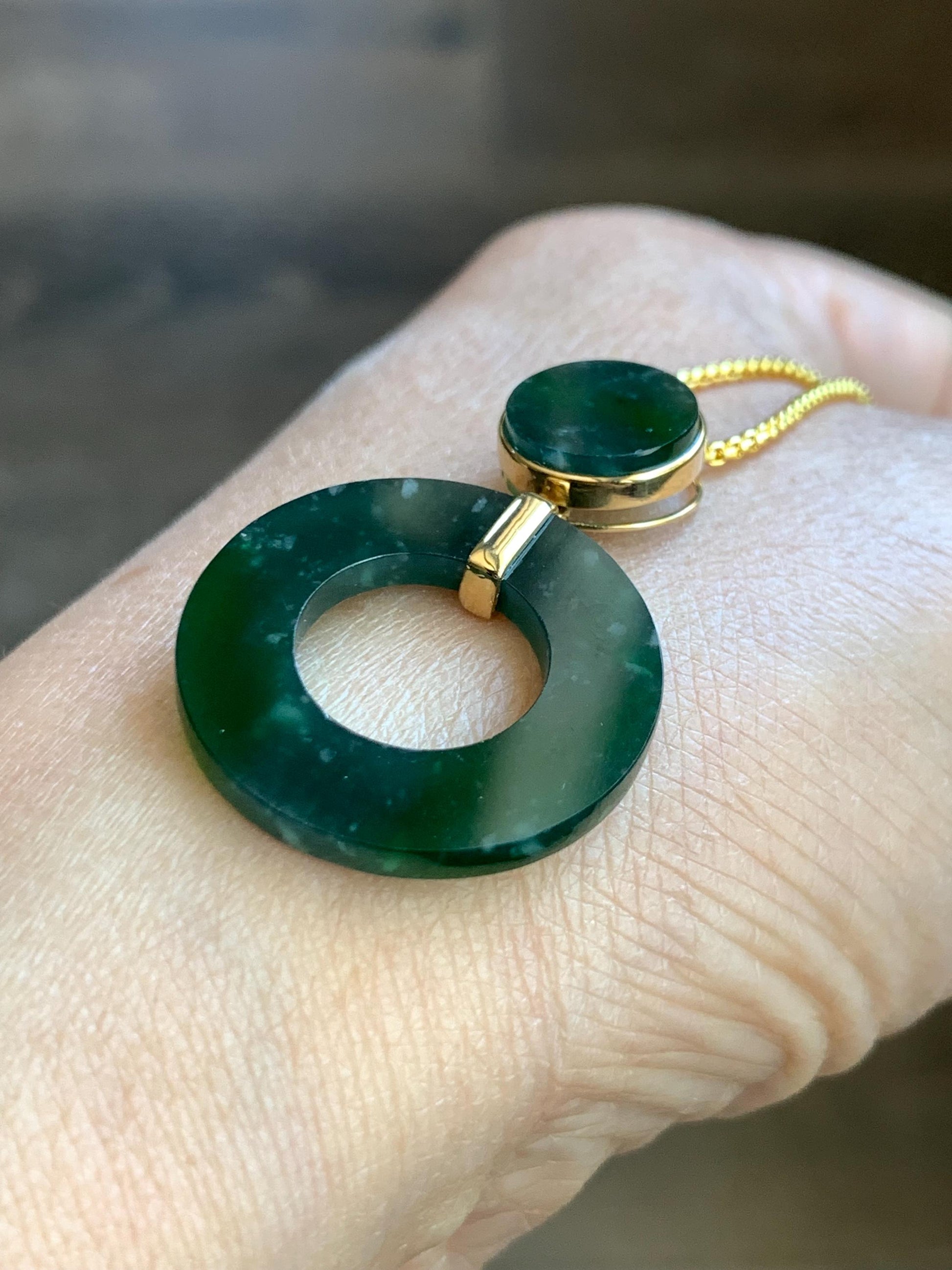 Certified Natural Guatemalan Icy Translucent Dark Teal Green Vibrant Green Jadeite Ping An Kou Donut Pendant 18K Yellow Gold 天然冰危深绿飘花翡翠平安扣吊坠