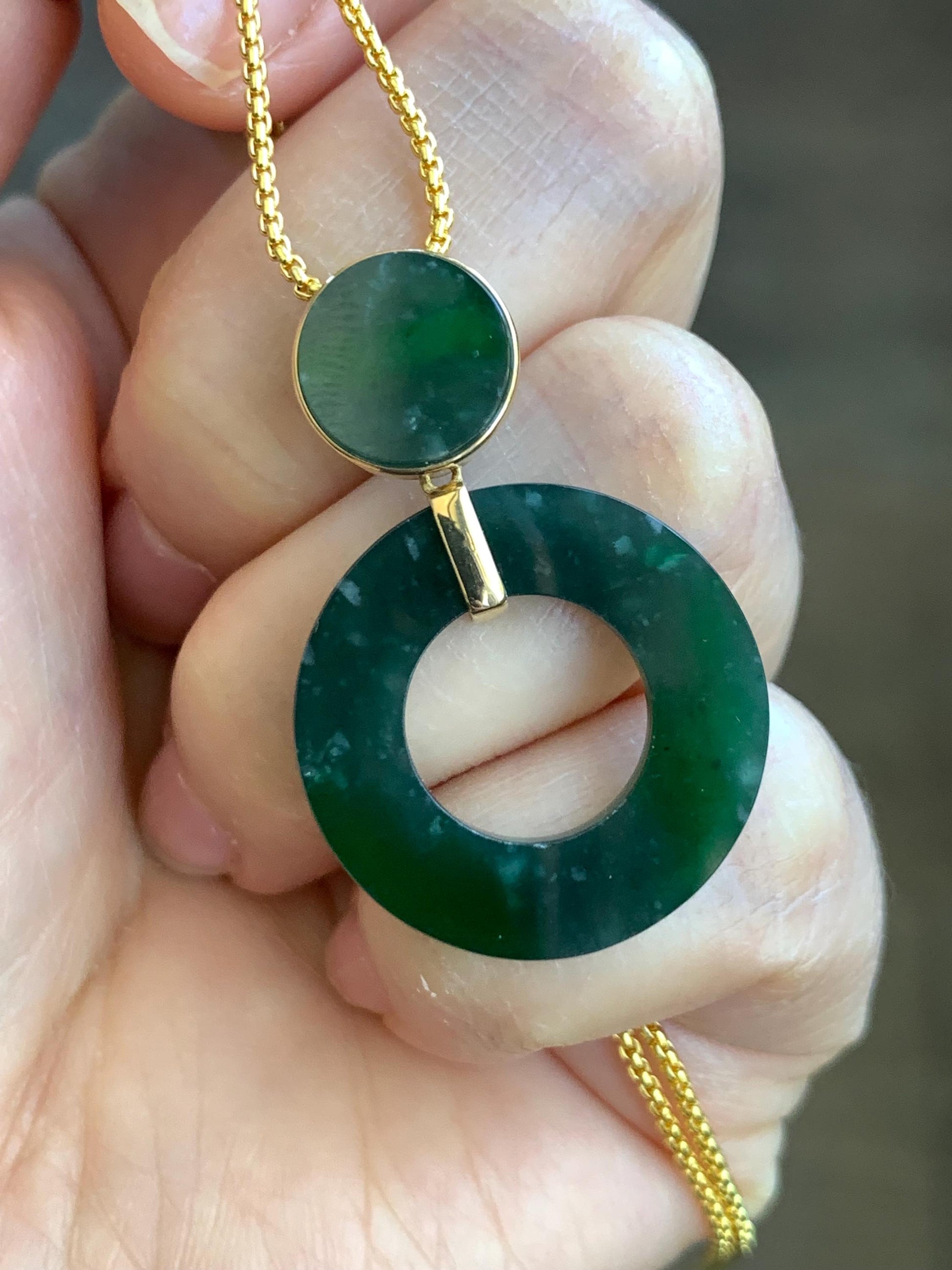 Certified Natural Guatemalan Icy Translucent Dark Teal Green Vibrant Green Jadeite Ping An Kou Donut Pendant 18K Yellow Gold 天然冰危深绿飘花翡翠平安扣吊坠