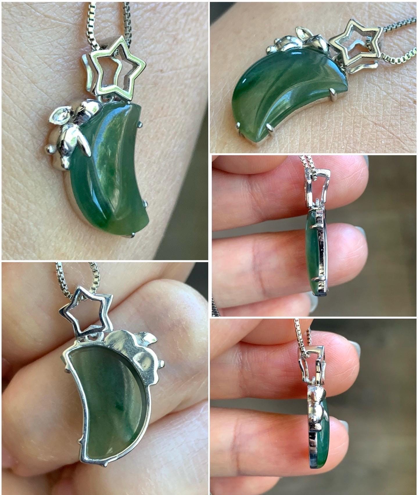 Certified Natural Burmese Icy Translucent Tricolored Jadeite Moon & Rabbit Pendant Sterling Silver Cutom Design 天然缅甸冰橄榄绿飘花翡翠月亮小兔镶嵌吊坠 8630