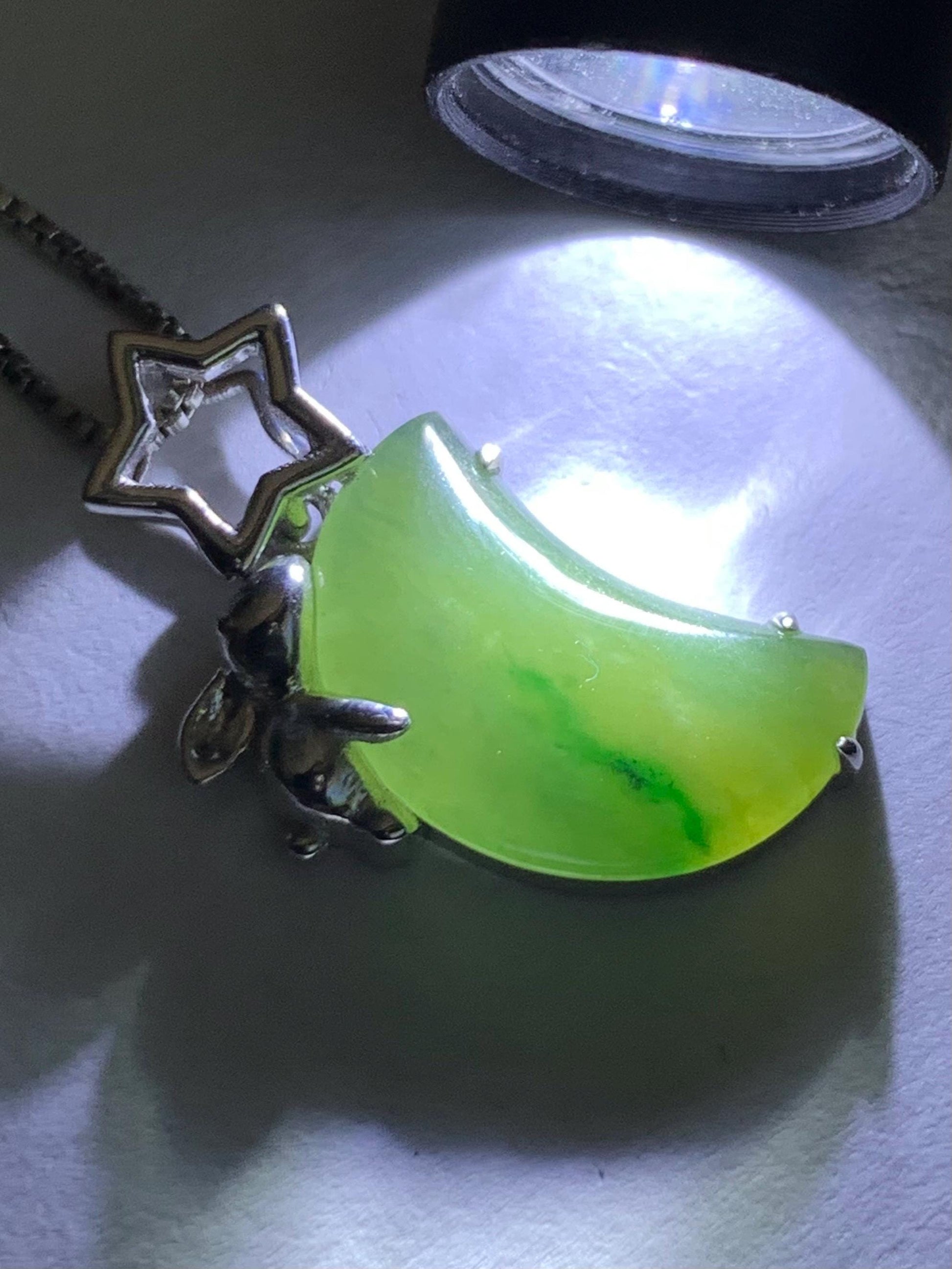 Certified Natural Burmese Icy Translucent Tricolored Jadeite Moon & Rabbit Pendant Sterling Silver Cutom Design 天然缅甸冰橄榄绿飘花翡翠月亮小兔镶嵌吊坠 8630