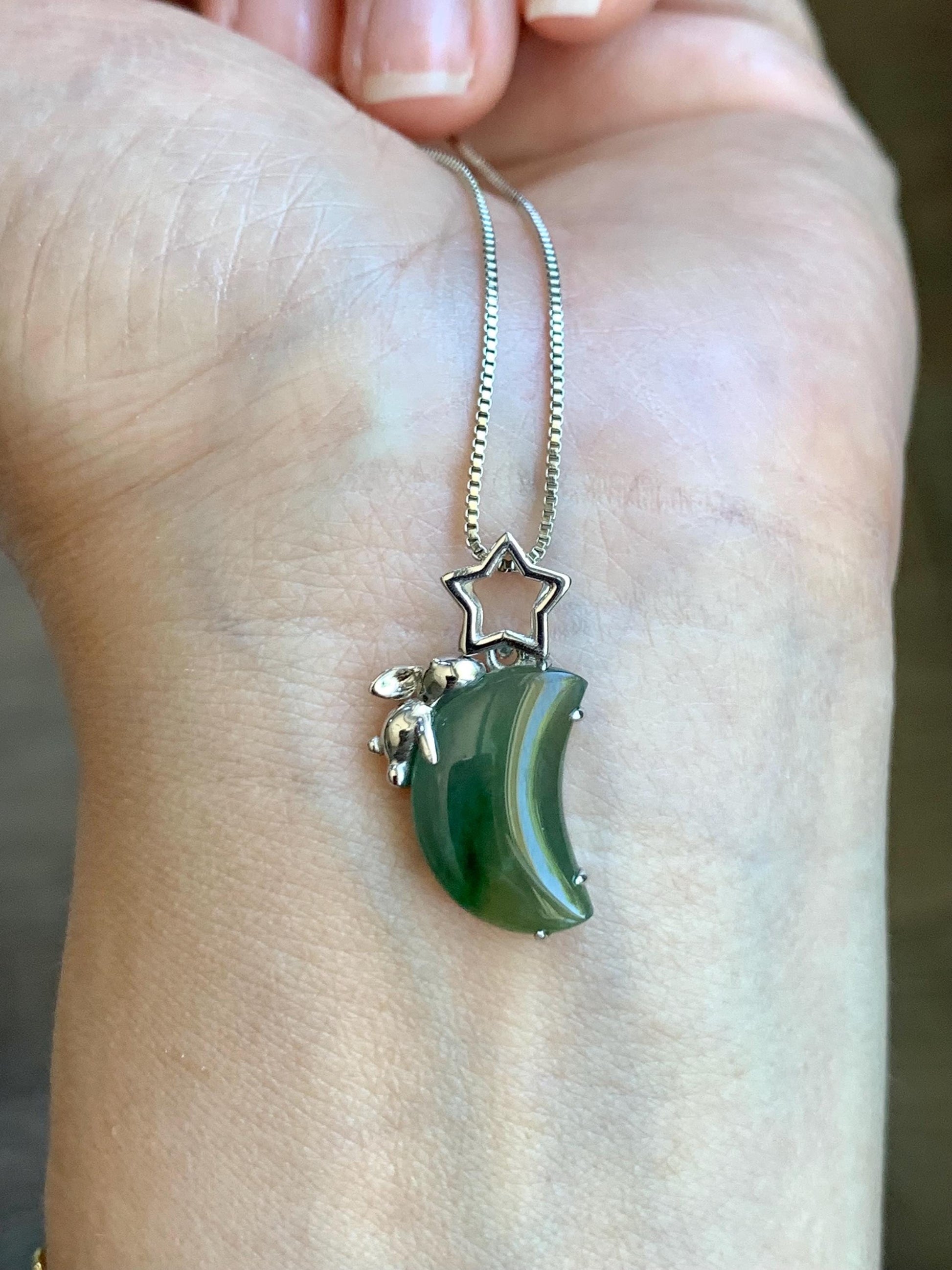 Certified Natural Burmese Icy Translucent Tricolored Jadeite Moon & Rabbit Pendant Sterling Silver Cutom Design 天然缅甸冰橄榄绿飘花翡翠月亮小兔镶嵌吊坠 8630