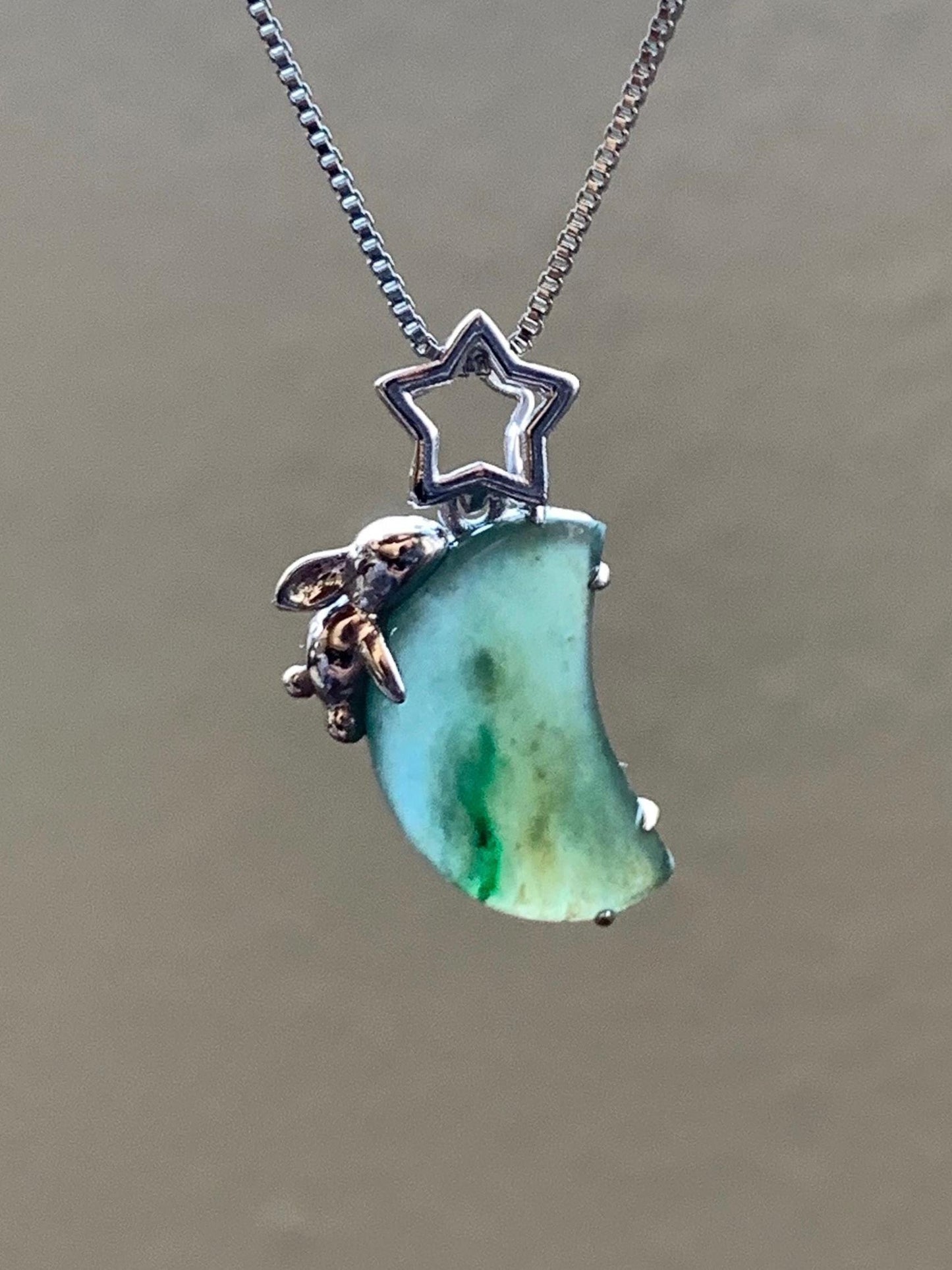 Certified Natural Burmese Icy Translucent Tricolored Jadeite Moon & Rabbit Pendant Sterling Silver Cutom Design 天然缅甸冰橄榄绿飘花翡翠月亮小兔镶嵌吊坠 8630