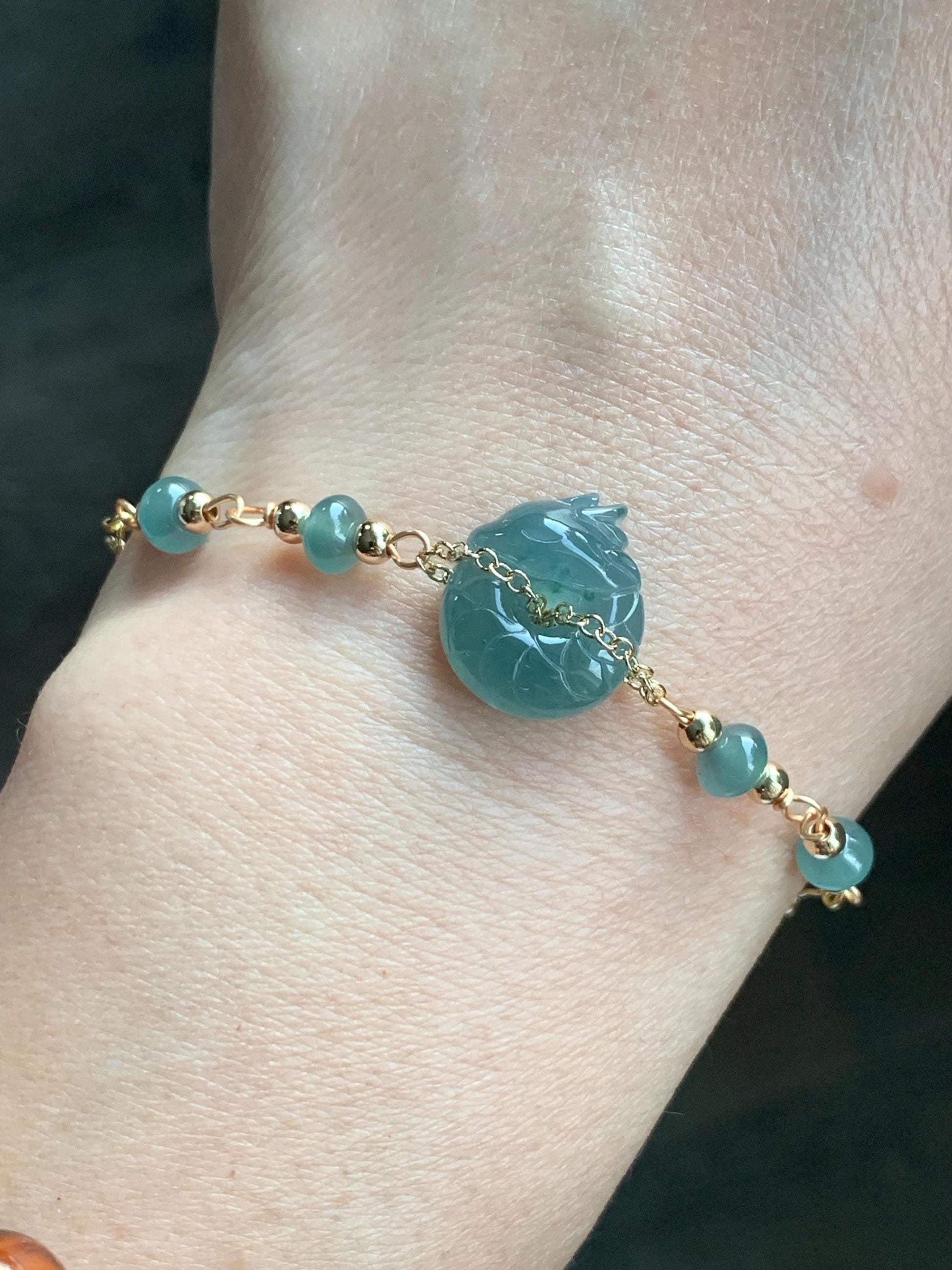 Natural Guatemalan Icy Translucent Teal Blue Jadeite Baby Dragon Ping An Kou Donut Bracelet 14K Gold Plated adjustable 天然冰危蓝翡翠龙宝宝平安扣14K包金手链