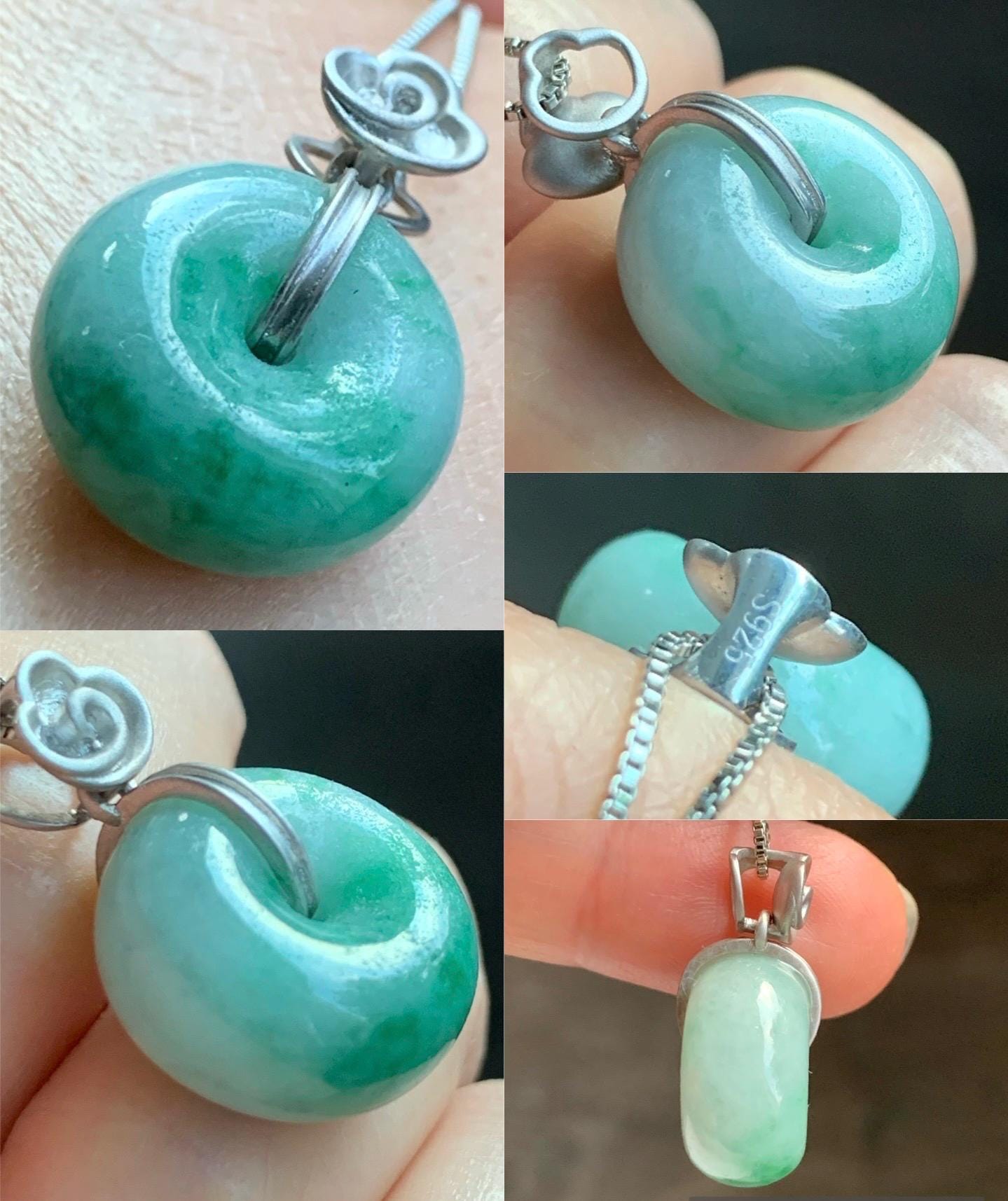 Certified Natural Burmese Translucent Green Marbled Jadeite Thick Ping An Kou Donut Pendant Custom Sterling Silver Bail 天然缅甸飘花翡翠肥扣平安扣吊坠 1669