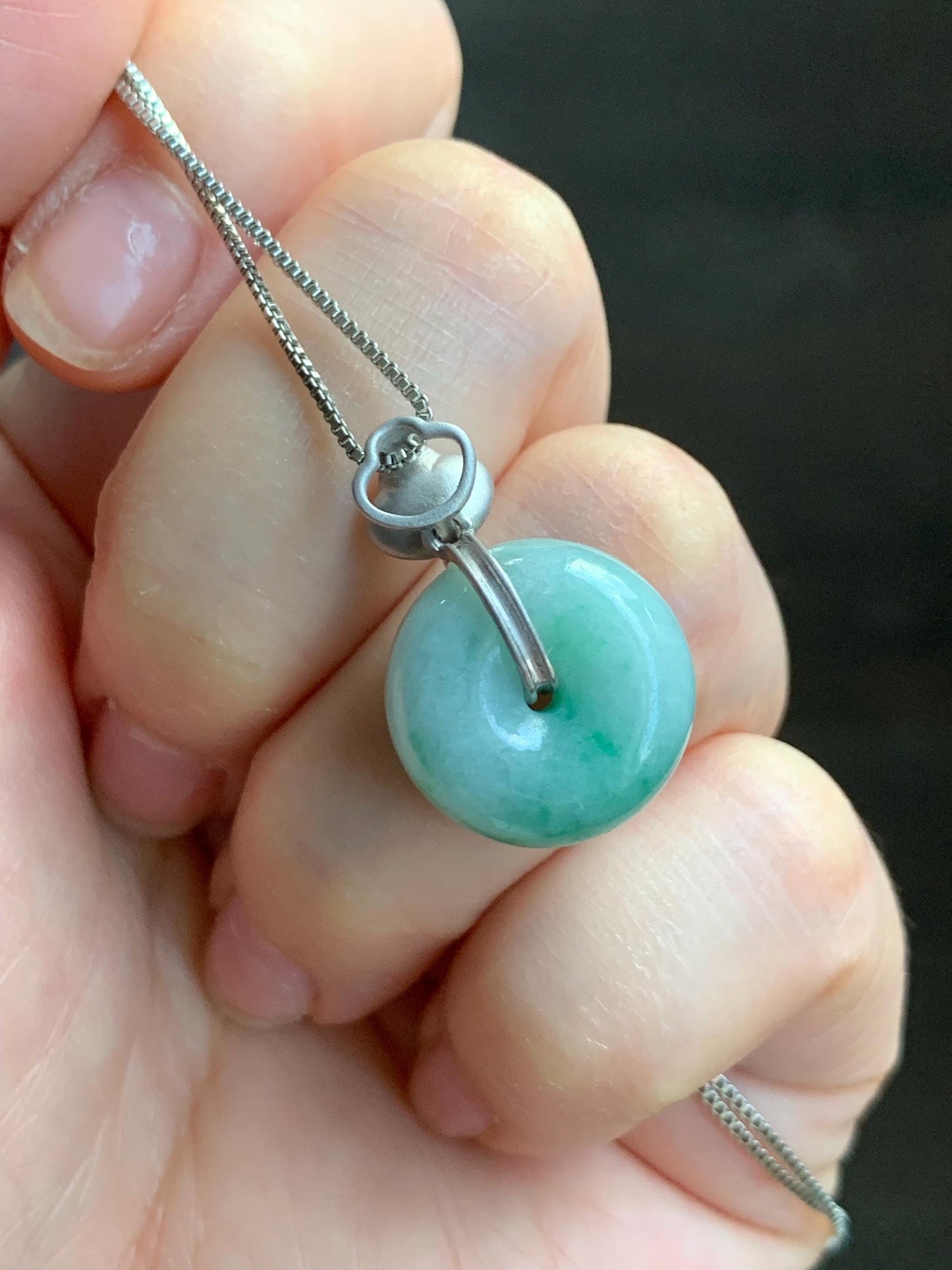 Certified Natural Burmese Translucent Green Marbled Jadeite Thick Ping An Kou Donut Pendant Custom Sterling Silver Bail 天然缅甸飘花翡翠肥扣平安扣吊坠 1669