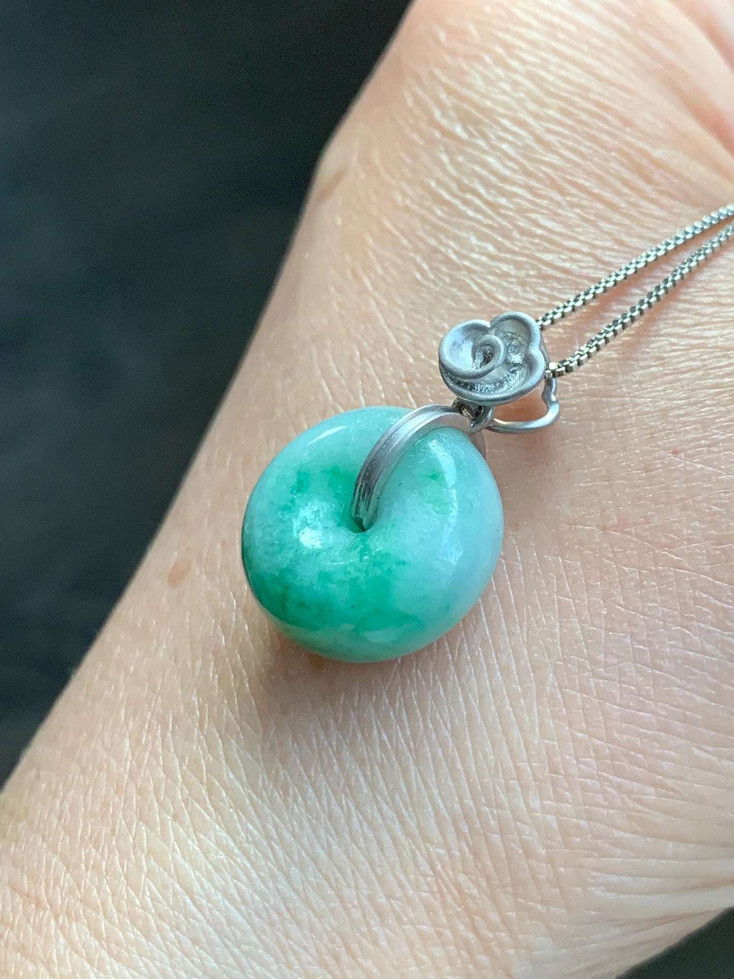 Certified Natural Burmese Translucent Green Marbled Jadeite Thick Ping An Kou Donut Pendant Custom Sterling Silver Bail 天然缅甸飘花翡翠肥扣平安扣吊坠 1669