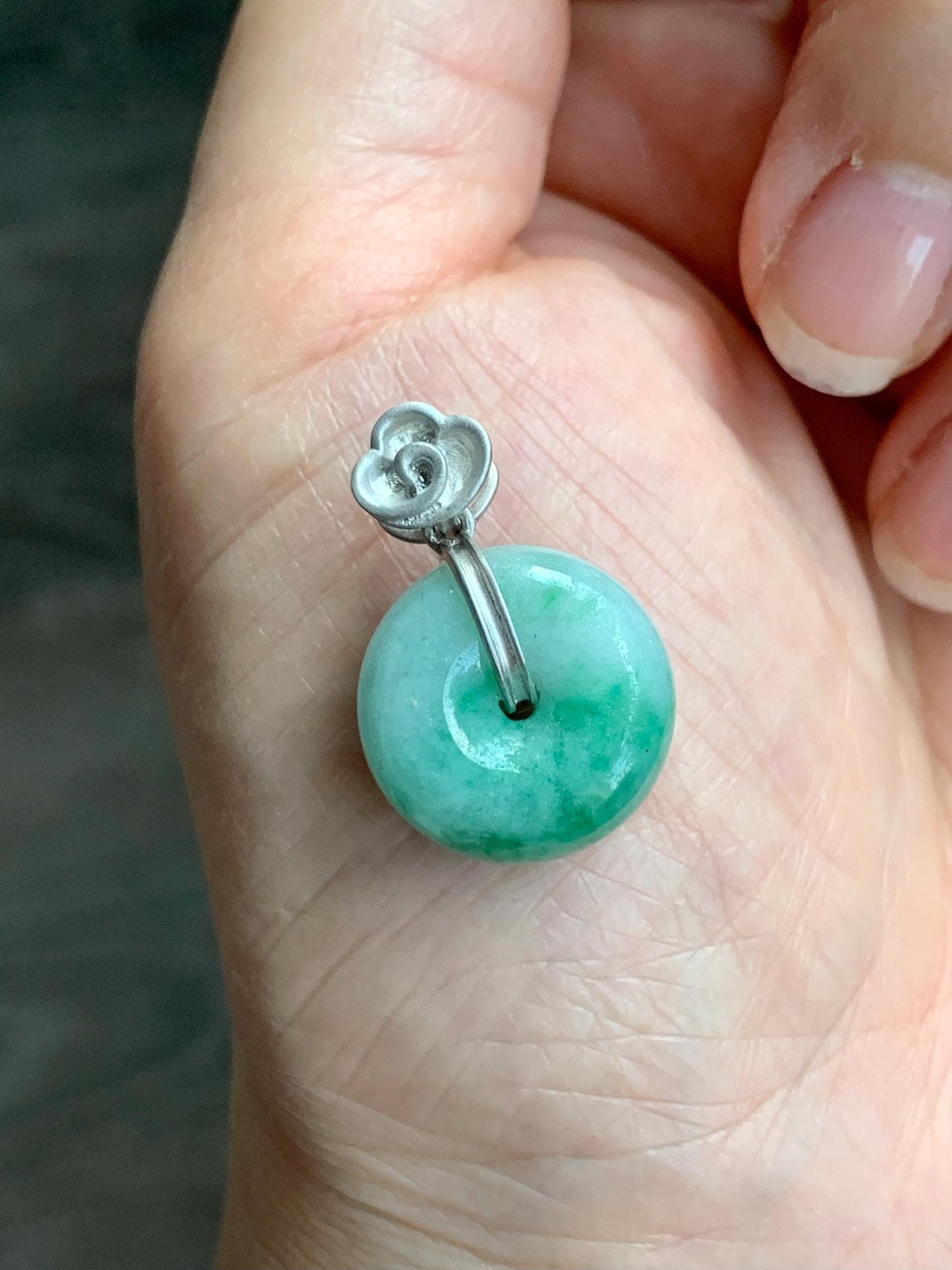 Certified Natural Burmese Translucent Green Marbled Jadeite Thick Ping An Kou Donut Pendant Custom Sterling Silver Bail 天然缅甸飘花翡翠肥扣平安扣吊坠 1669