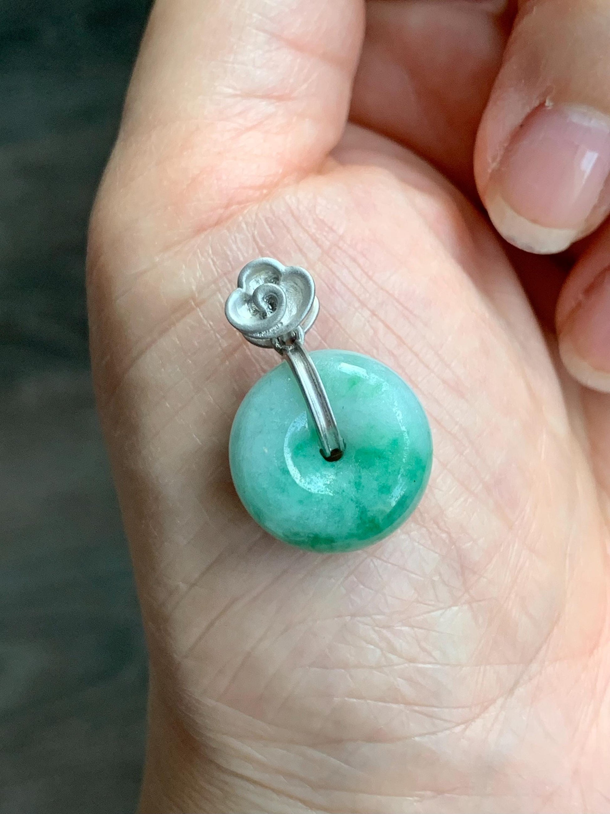 Certified Natural Burmese Translucent Green Marbled Jadeite Thick Ping An Kou Donut Pendant Custom Sterling Silver Bail 天然缅甸飘花翡翠肥扣平安扣吊坠 1669